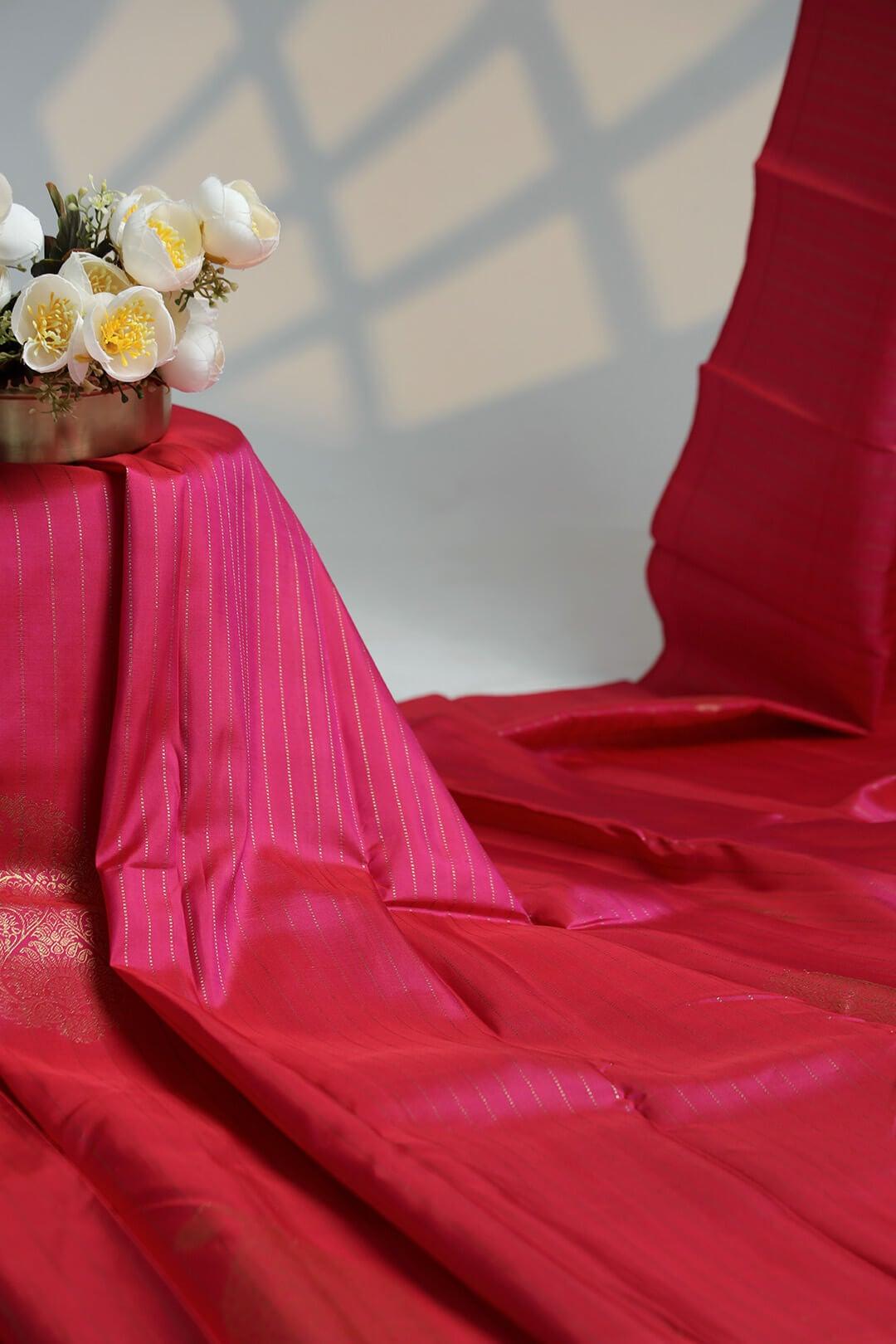 Arani Pure Silk Handloom Saree in Rani Pink and Green Pallu view 4 - Rani Pink with Green Pallu Arani saree