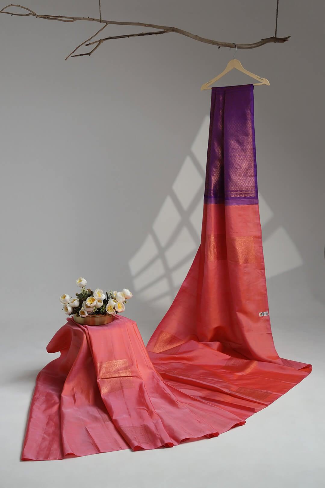 Arani Pure Silk Handloom Saree in Pink and Purple Pallu view 2 - Pink with Purple Pallu Arani saree