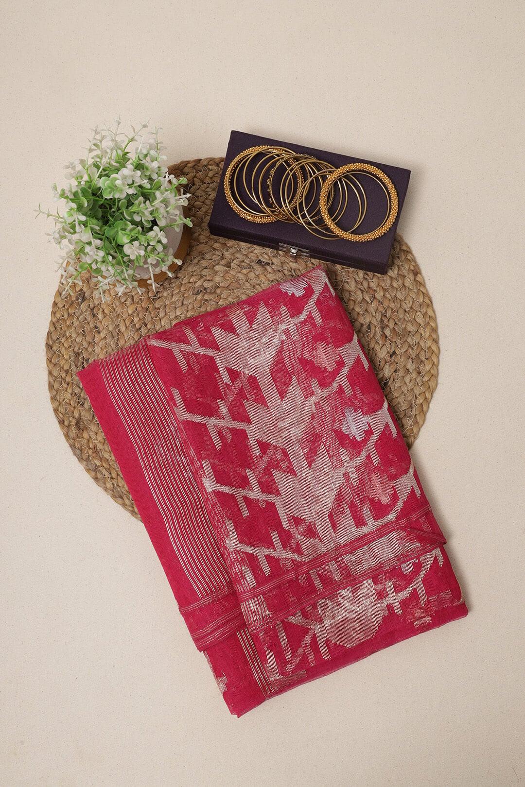 Handloom Dhakai Jamdani Saree in Rani Pink view 2 - Rani Pink Jamdani silk saree