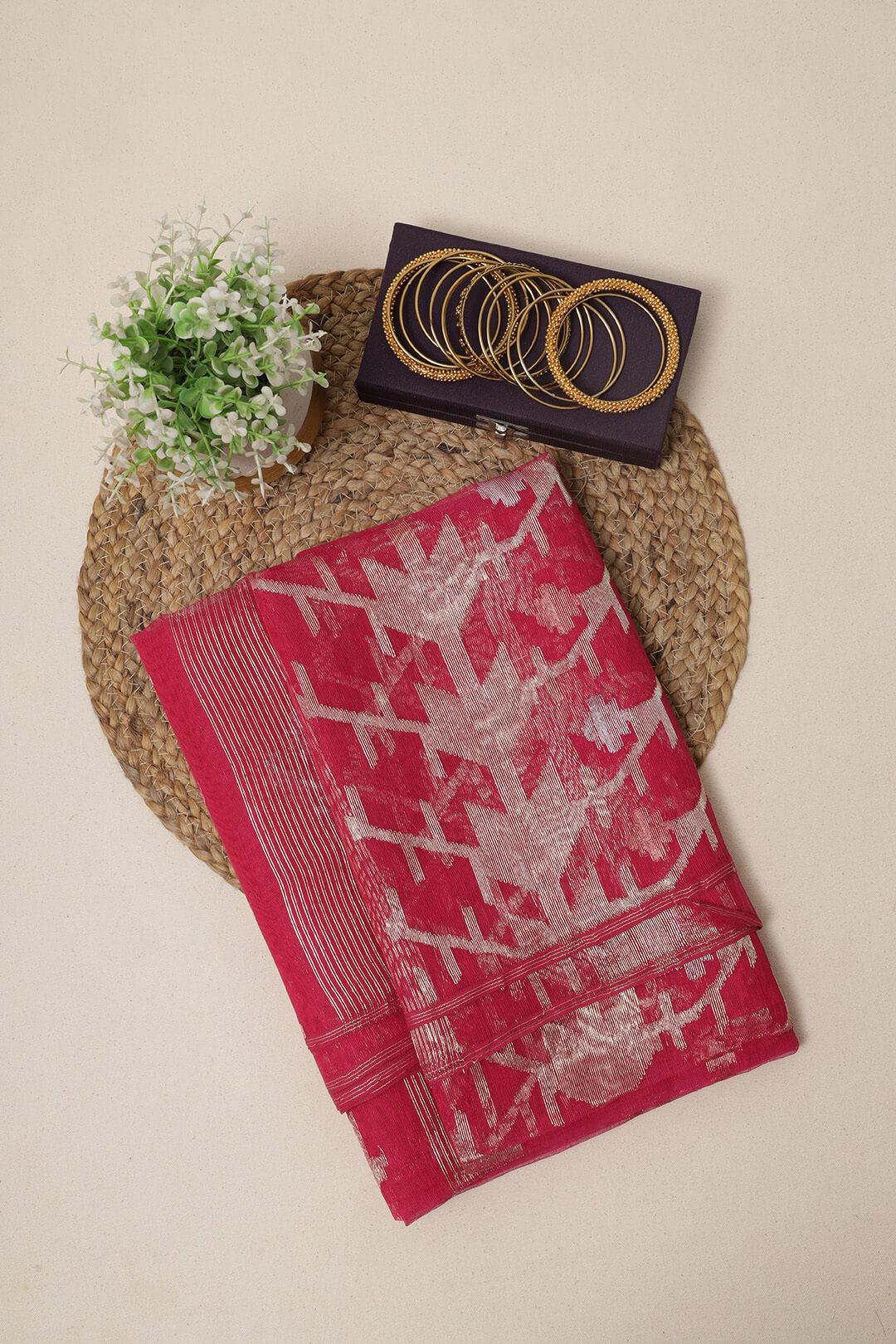 Handloom Dhakai Jamdani Saree in Rani Pink 2 - Rani Pink Jamdani silk saree