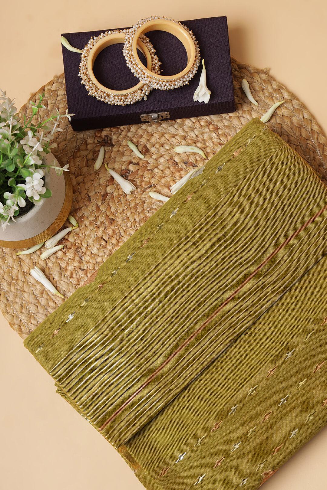 Handloom Dhakai Jamdani saree in Olive Green 3 - Olive Green Jamdani silk saree