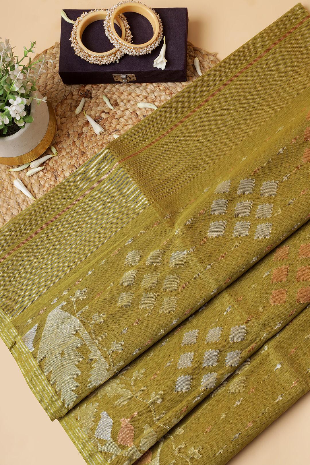 Handloom Dhakai Jamdani saree in Olive Green view 6 - Olive Green Jamdani silk saree