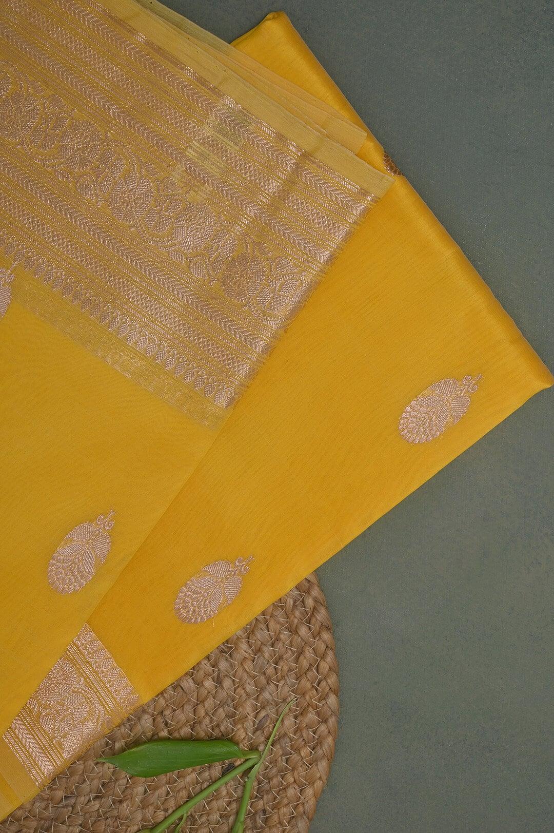 Handloom Kora Banarasi in Yellow view 3 - Yellow Kora  saree
