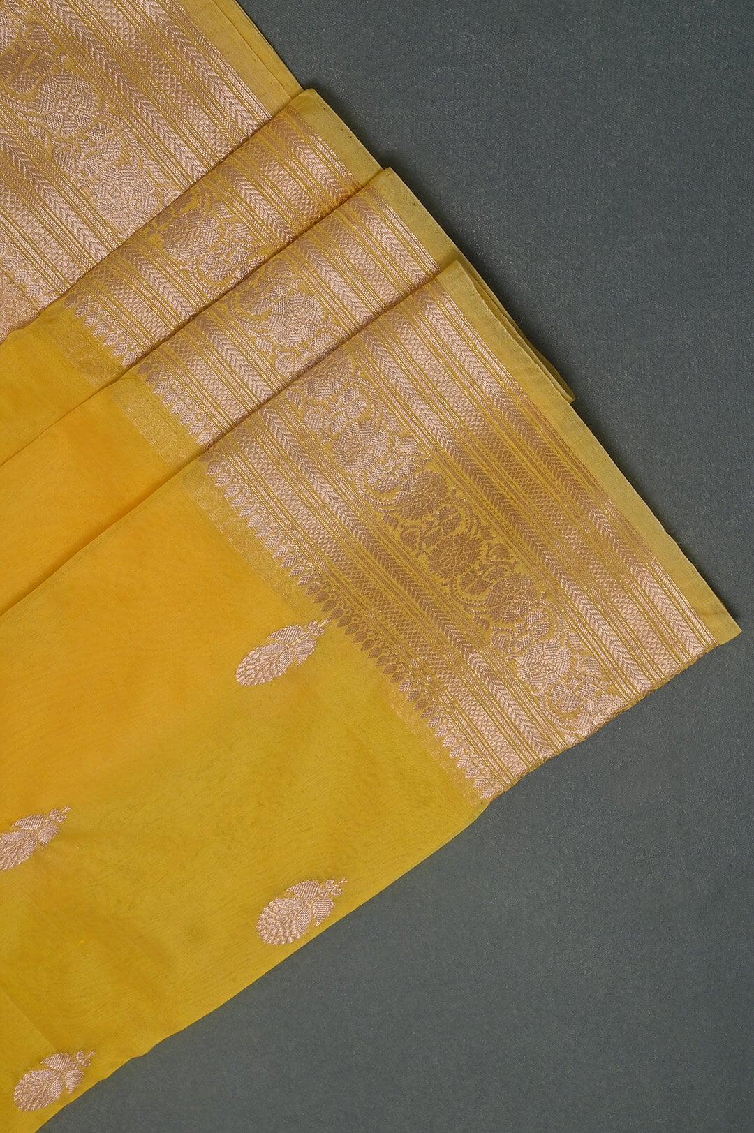 Handloom Kora Banarasi in Yellow view 7 - Yellow Kora  saree
