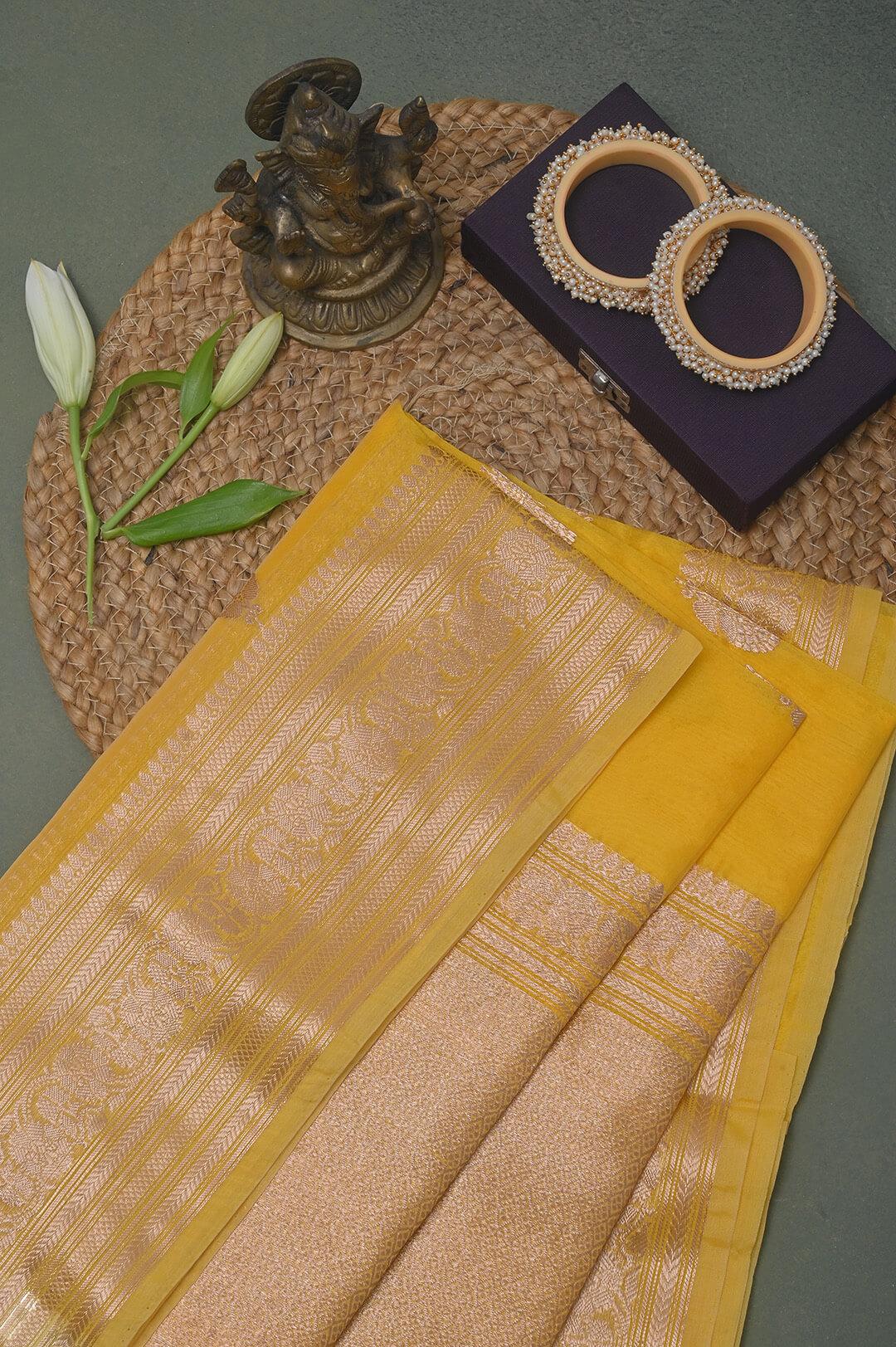 Handloom Kora Banarasi in Yellow 4 - Yellow Kora  saree