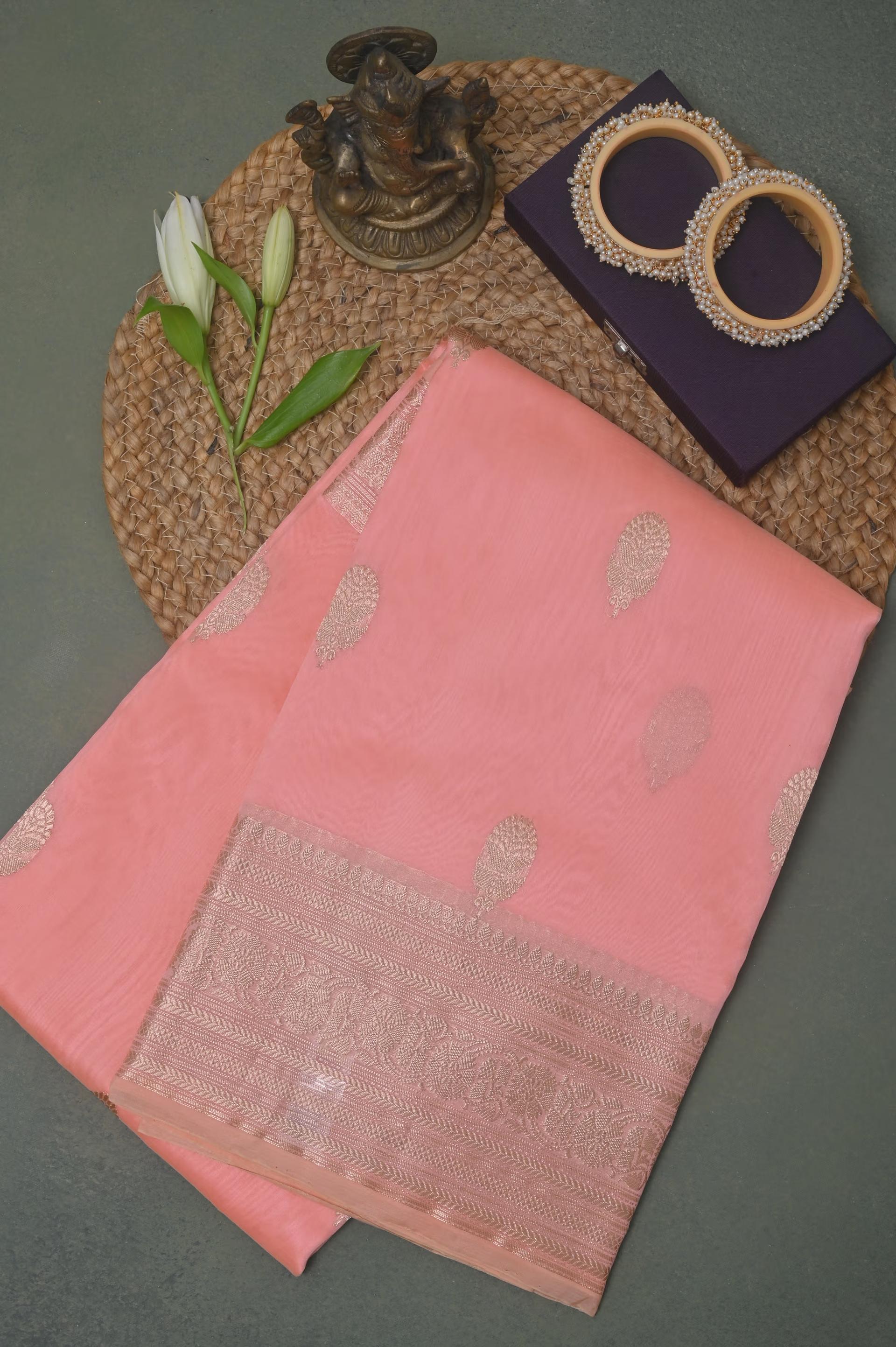 Handloom Kora Banarasi in Peach 2 - Pink Kora saree