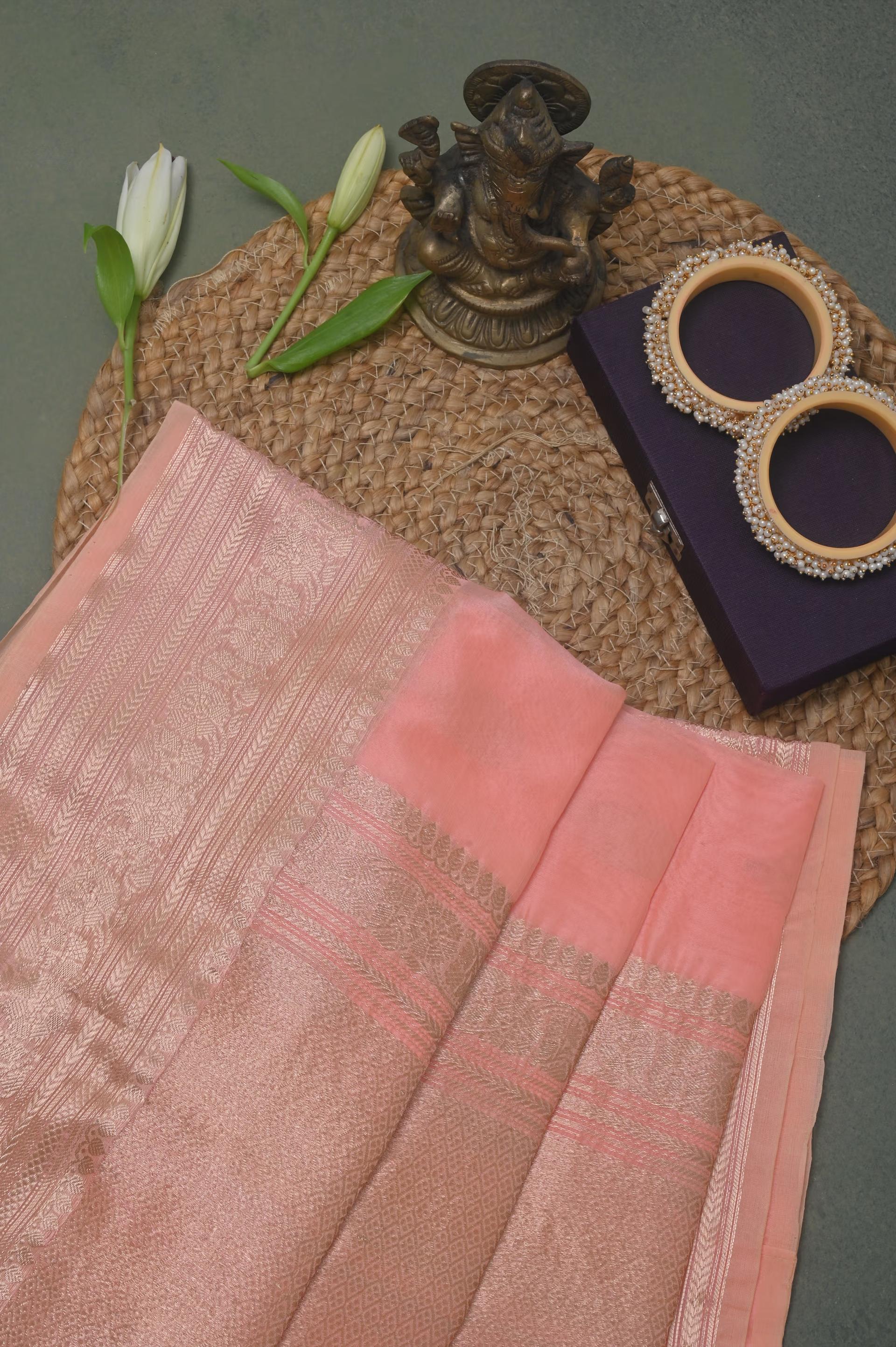 Handloom Kora Banarasi in Peach 3 - Pink Kora saree