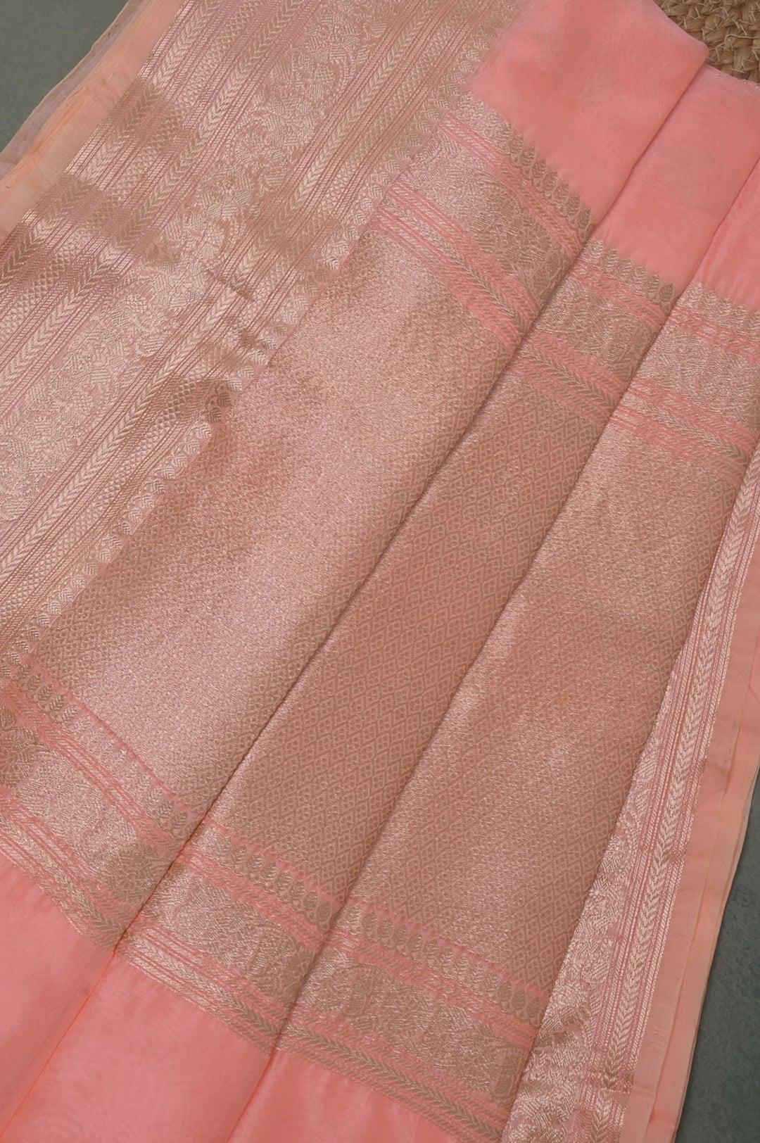 Handloom Kora Banarasi in Peach 4 - Pink Kora saree