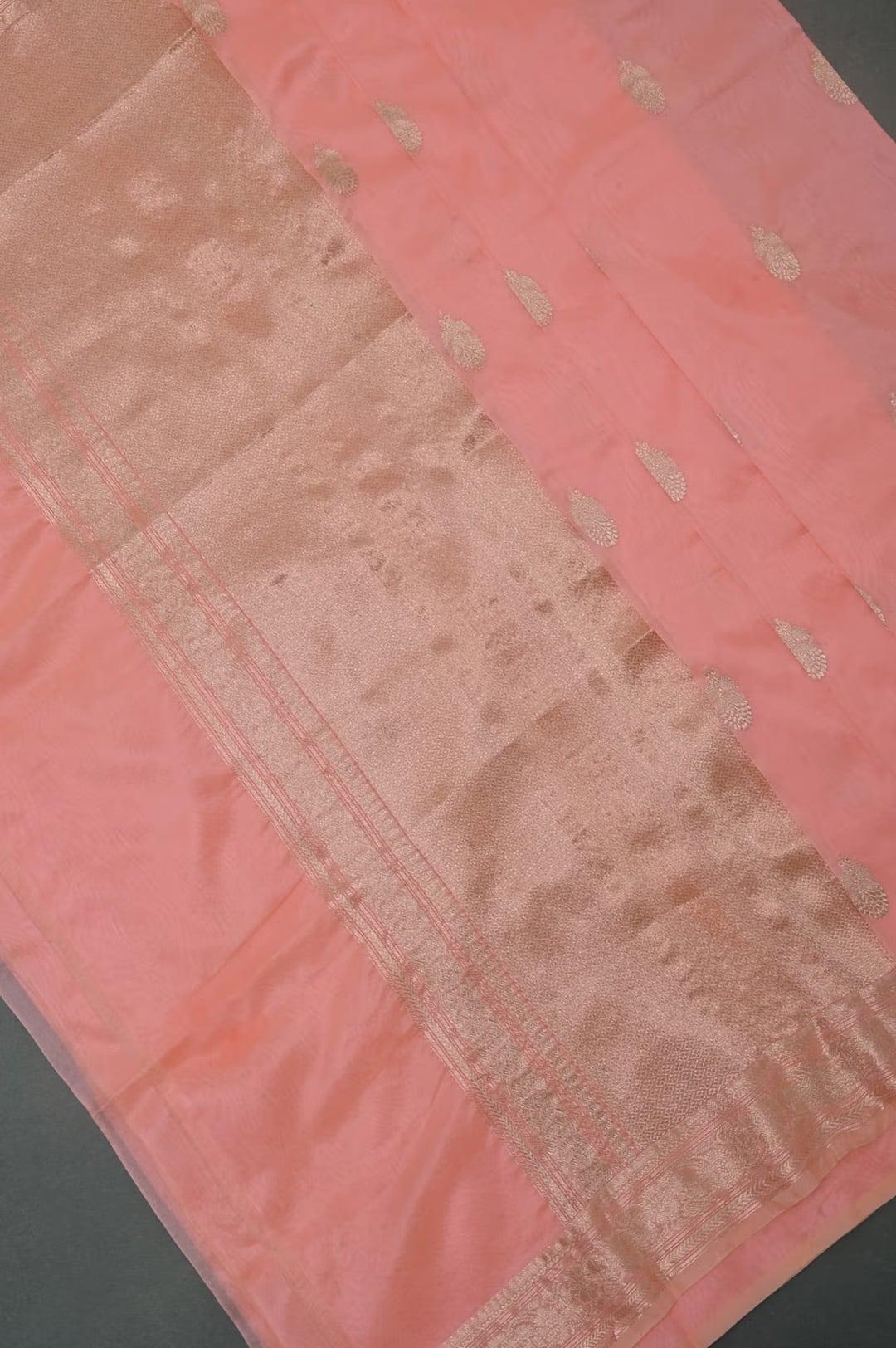 Handloom Kora Banarasi in Peach 9 - Pink Kora saree