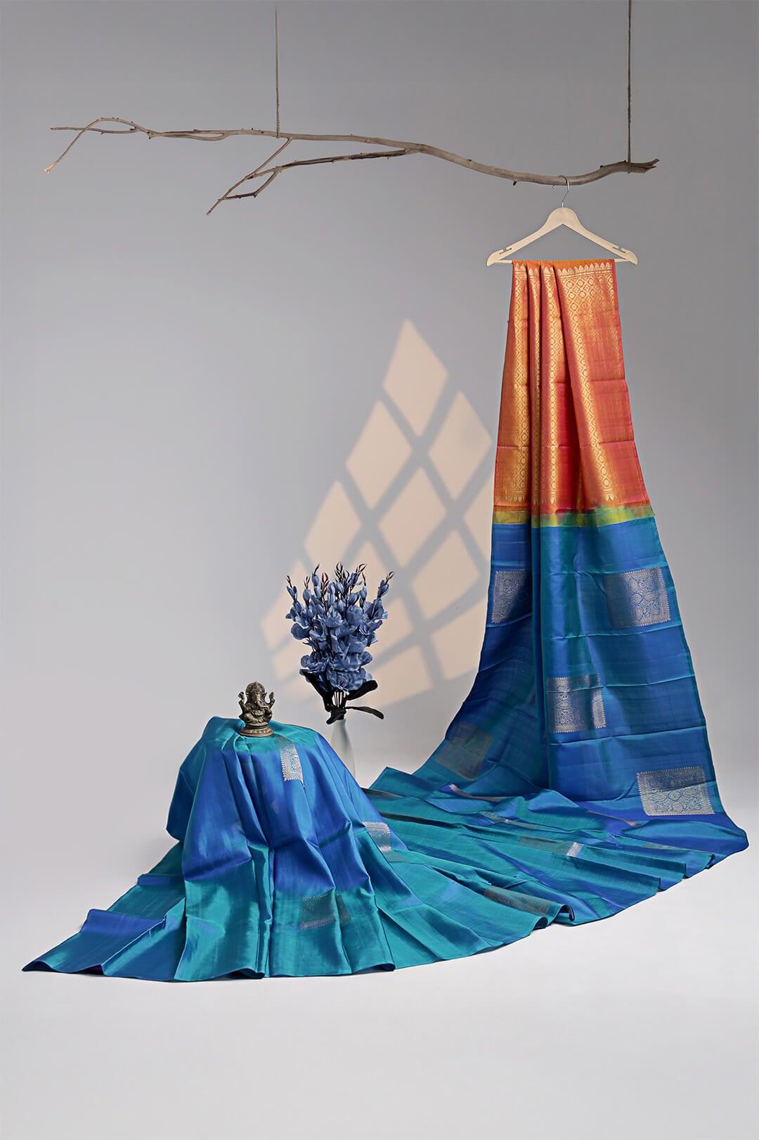 Arani Pure Silk Handloom Saree in Peacock Blue and Orange Pallu 2 - Blue with Orange Pallu Arani saree