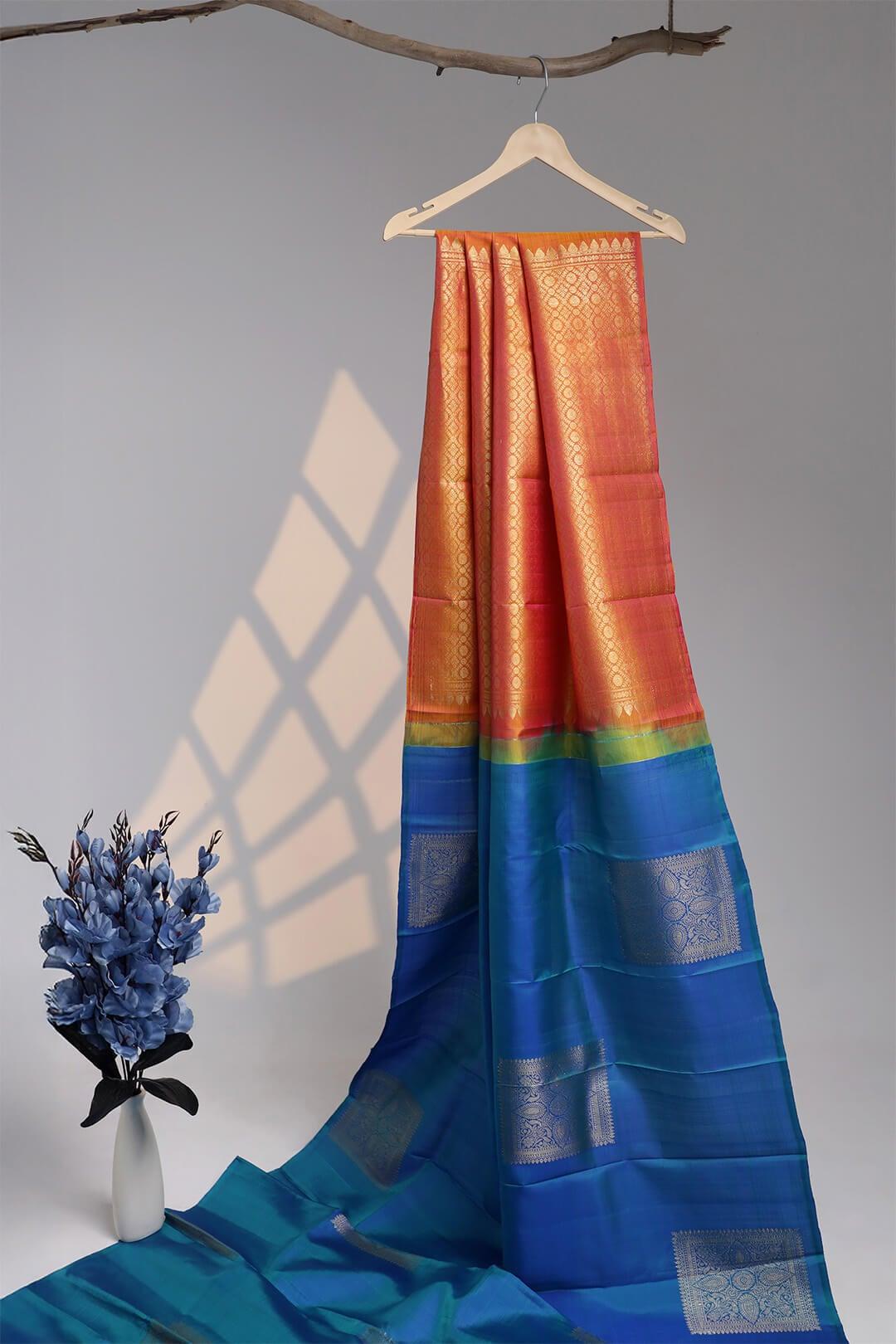Arani Pure Silk Handloom Saree in Peacock Blue and Orange Pallu view 4 - Blue with Orange Pallu Arani saree