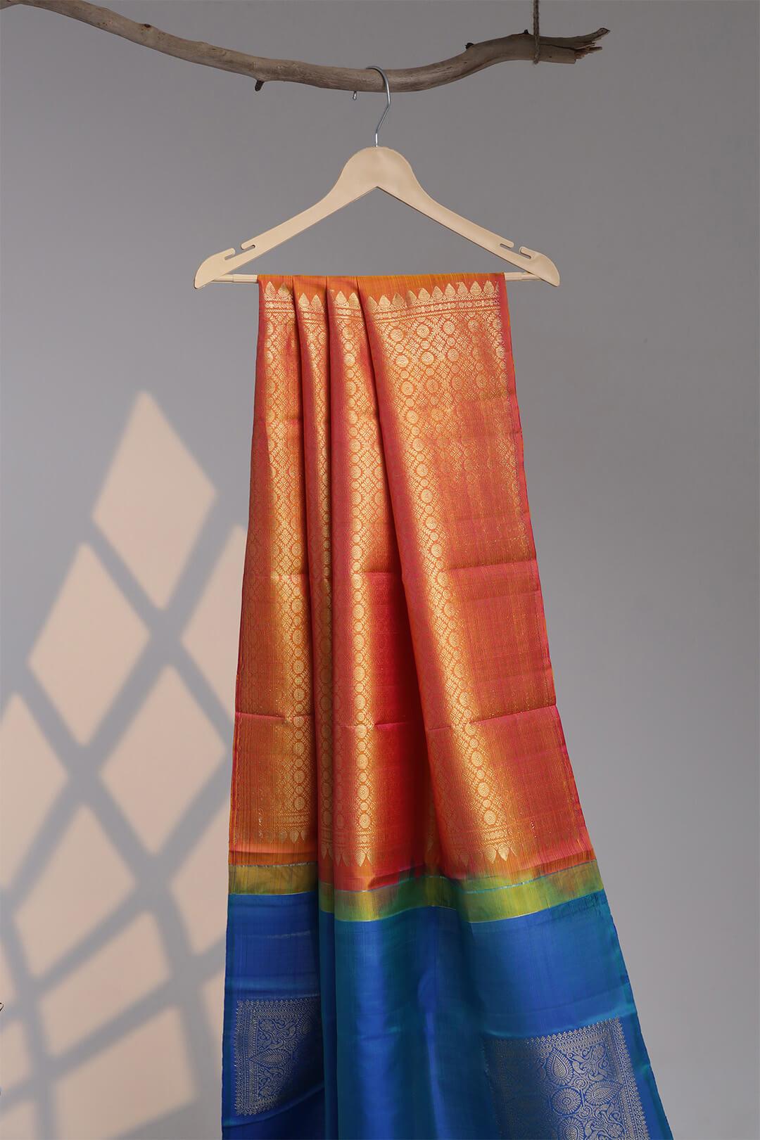 Arani Pure Silk Handloom Saree in Peacock Blue and Orange Pallu 3 - Blue with Orange Pallu Arani saree