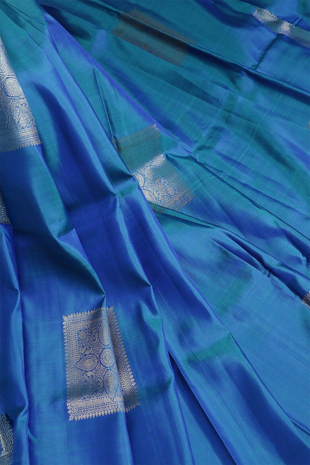 Arani Pure Silk Handloom Saree in Peacock Blue and Orange Pallu view 5 - Blue with Orange Pallu Arani saree