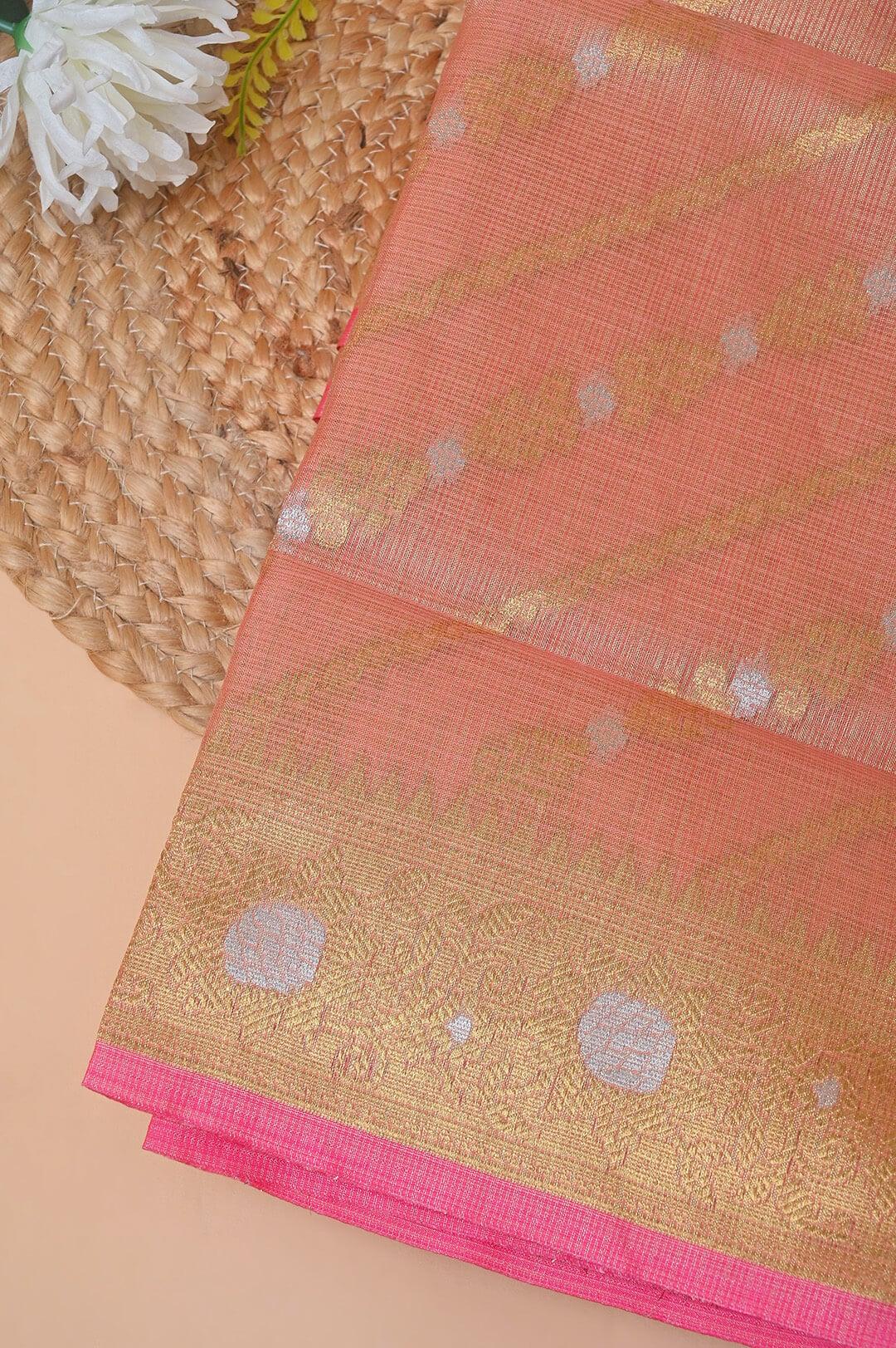 Semi Chanderi saree in Peach and Gold zari 4 - Peach and Gold zari Semi Chanderi saree