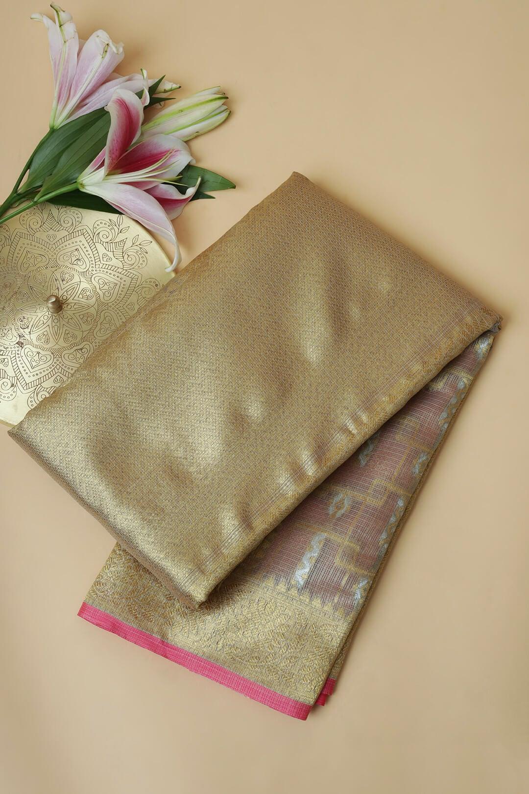 Semi Chanderi in light grey and pink gold zari 2 - light grey and pink gold zari Semi Chanderi saree