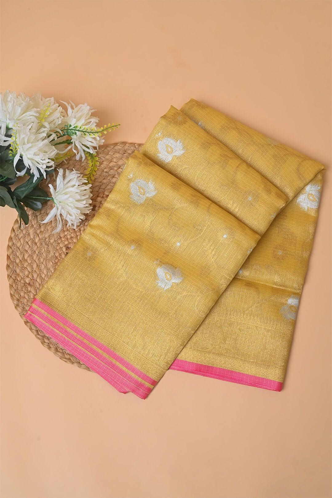 Semi Chanderi and gold saree in Yellow - handcrafted saree from Semi Chanderi Silk Saree collection
