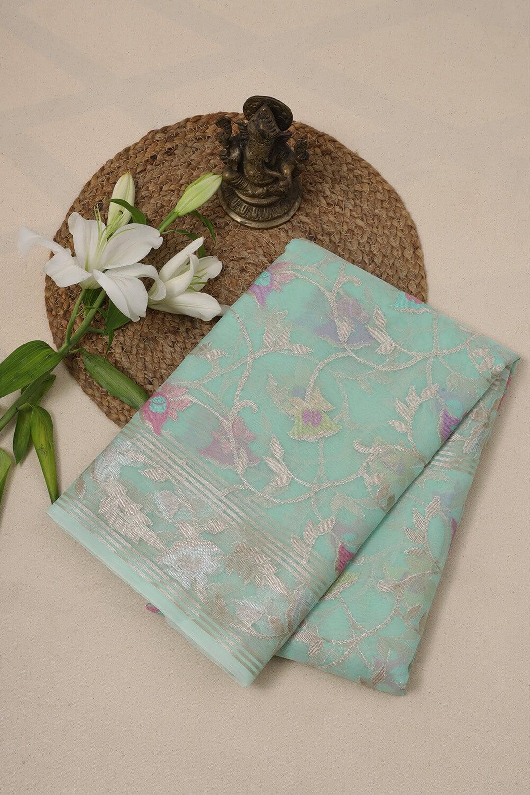 Semi Organza in Sky Blue - handcrafted saree from Semi Organza Silk Saree collection