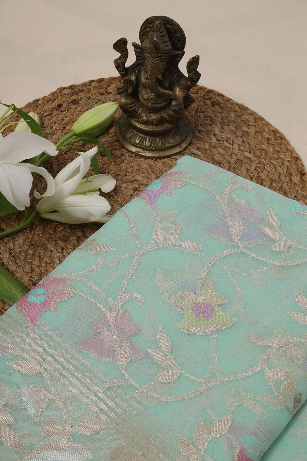 Semi Organza in Sky Blue view 5 - Sky Blue Semi Organza saree