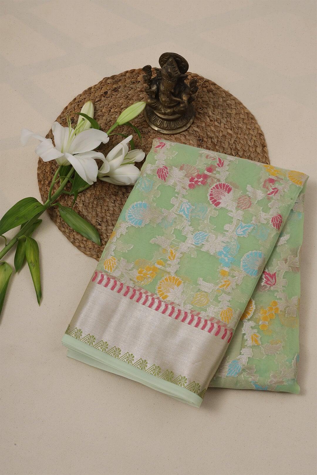 Semi Organza in Sea green 2 - Sea Green Semi Organza saree