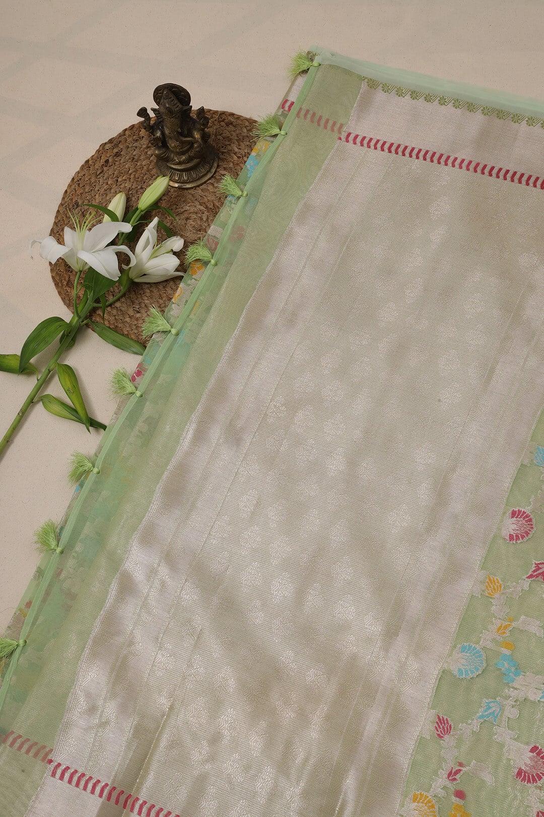 Semi Organza in Sea green view 5 - Sea Green Semi Organza saree