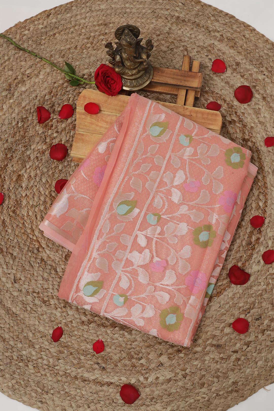 Semi Organza in Pink - handcrafted saree from Semi Organza Silk Saree collection