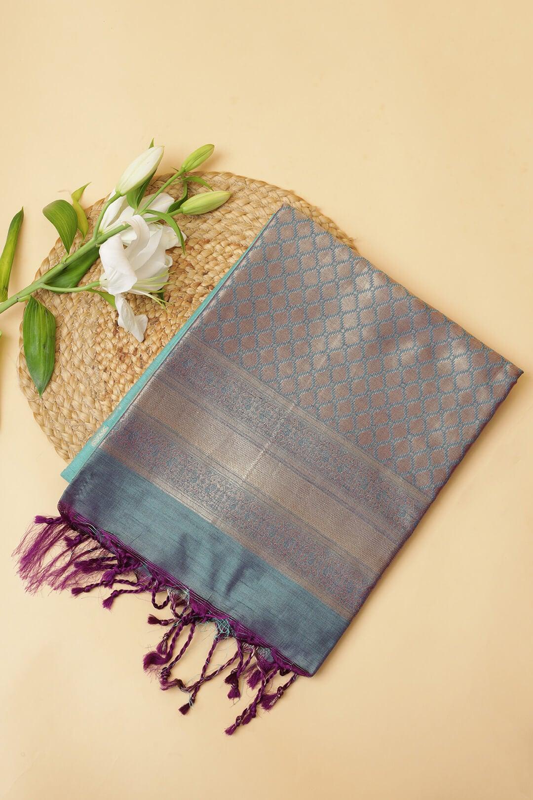 Semi Tussar silk saree in Sky Blue and Purple blue dual tone pallu view 1 - Sky Blue and Blue purple dual tone Pallu Semi Tussar saree