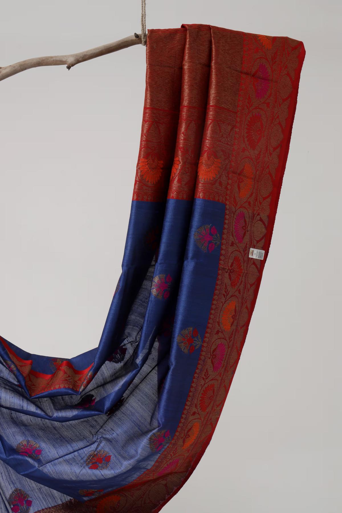 Handloom Tussar Banarasi saree Navy Blue and Red with Meenakari view 2 - Royal blue and Red Tussar silk saree