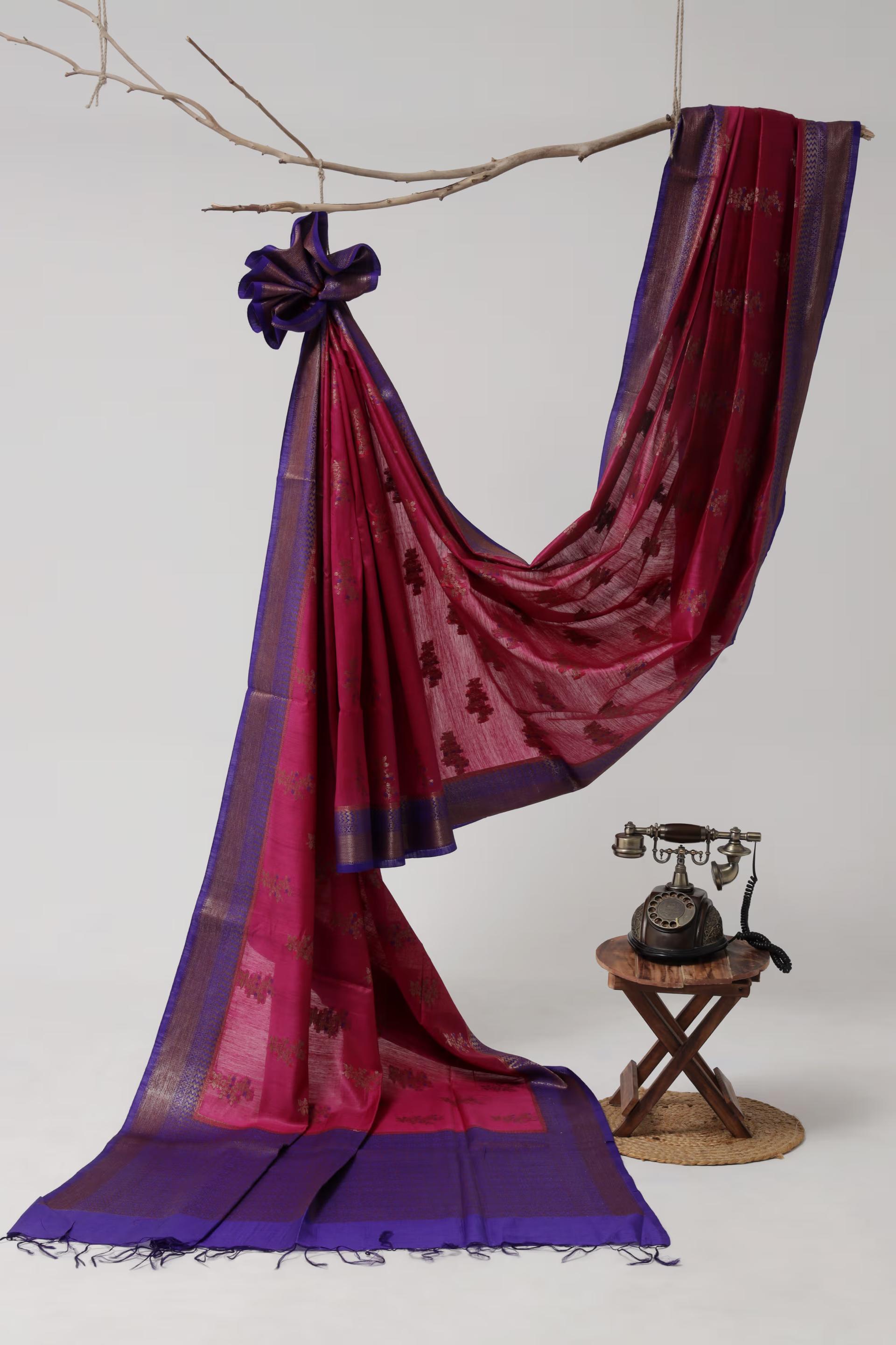 Handloom Tussar Banarasi in Pink and Royal Blue with Meenakari 2 - Pink and Royal Blue Tussar silk saree