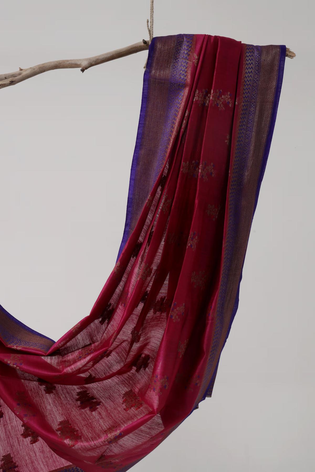 Handloom Tussar Banarasi in Pink and Royal Blue with Meenakari view 3 - Pink and Royal Blue Tussar silk saree