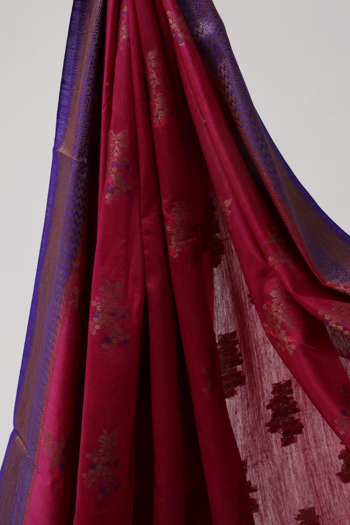 Handloom Tussar Banarasi in Pink and Royal Blue with Meenakari view 5 - Pink and Royal Blue Tussar silk saree