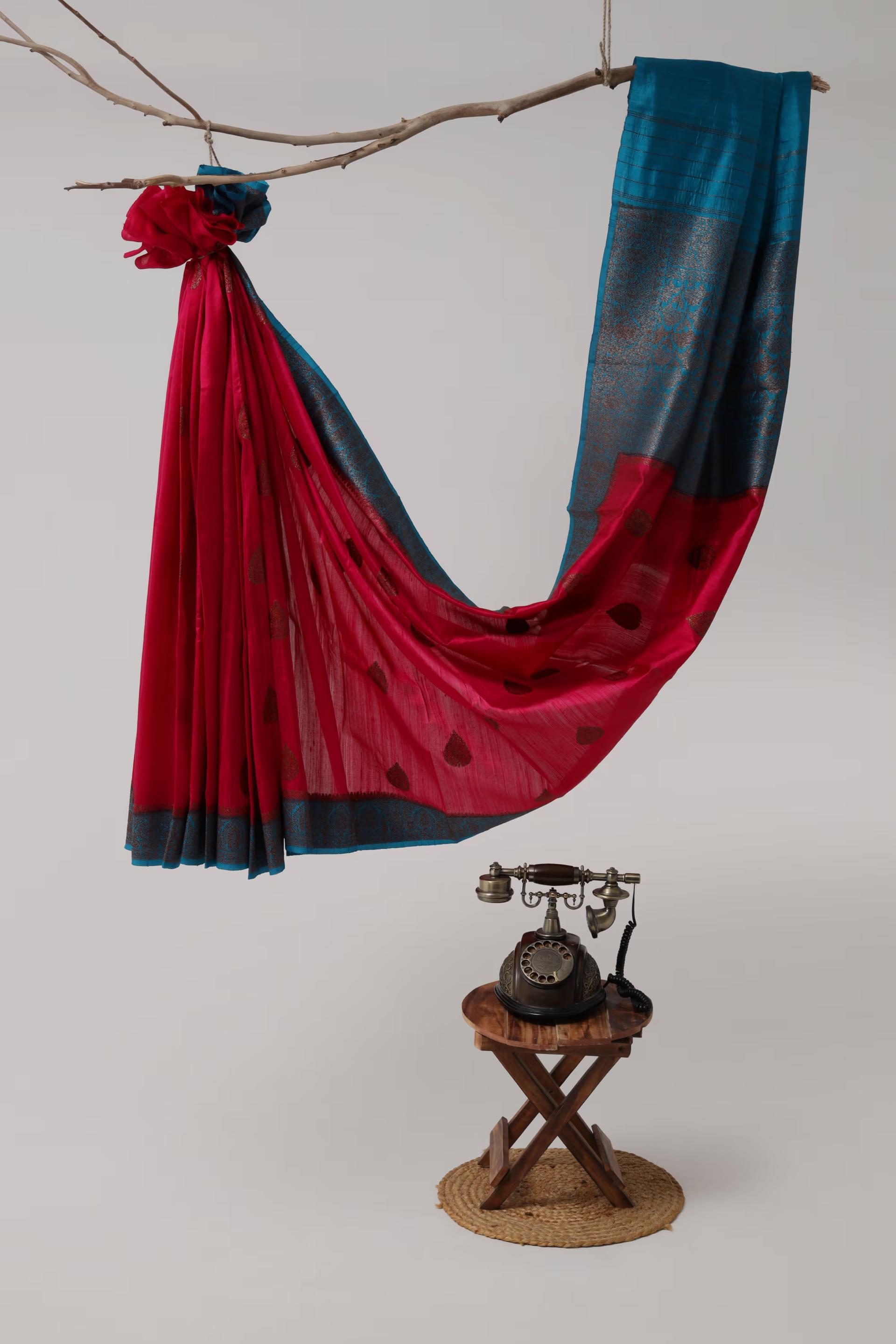 Handloom Tussar Banarasi in Pink and Blue Gold Antique work 1 - Pink and Blue Tussar silk saree