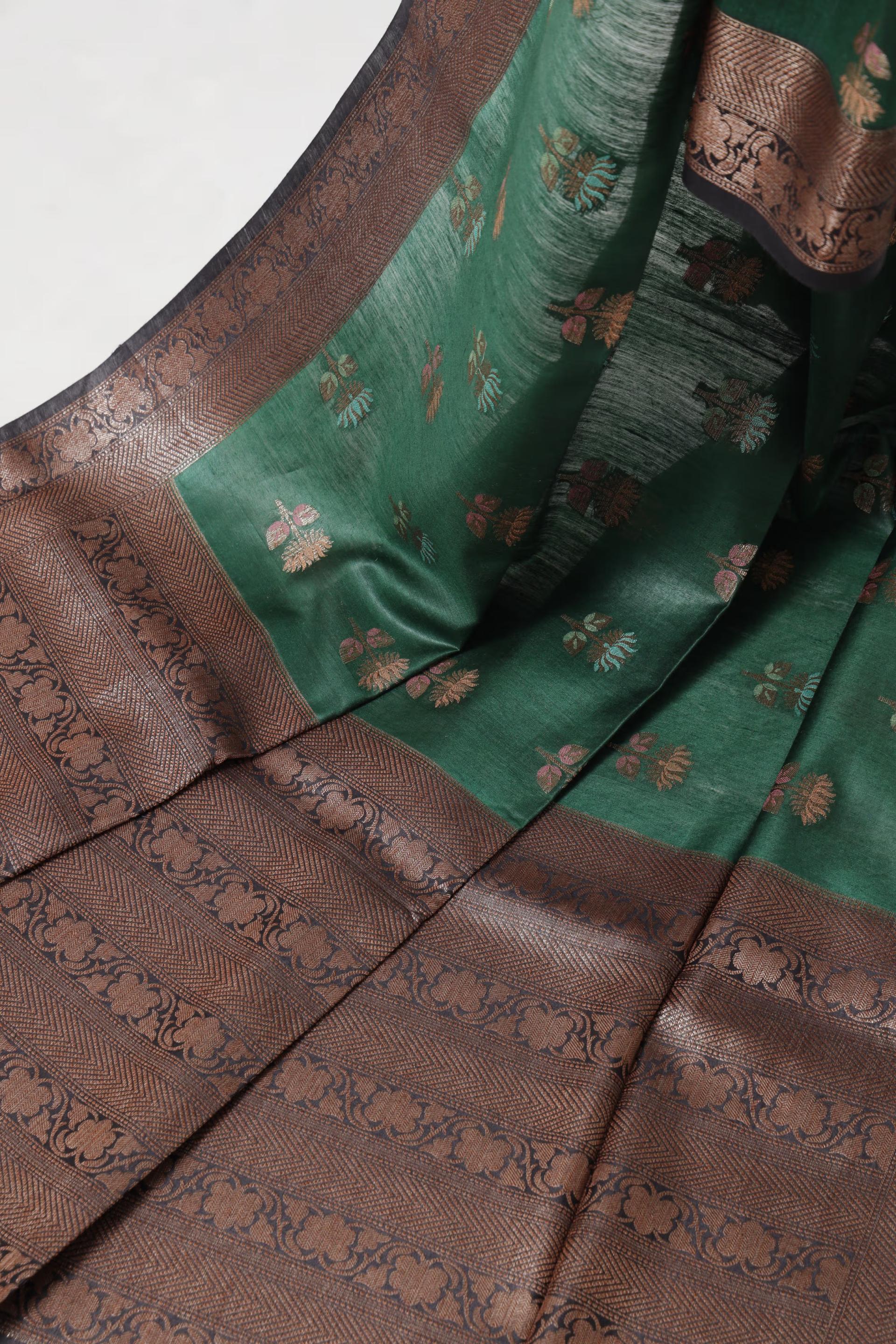 Handloom Tussar Banarasi in Emerald green & Black with Meenakari 1 - Emerald green and black Tussar silk saree