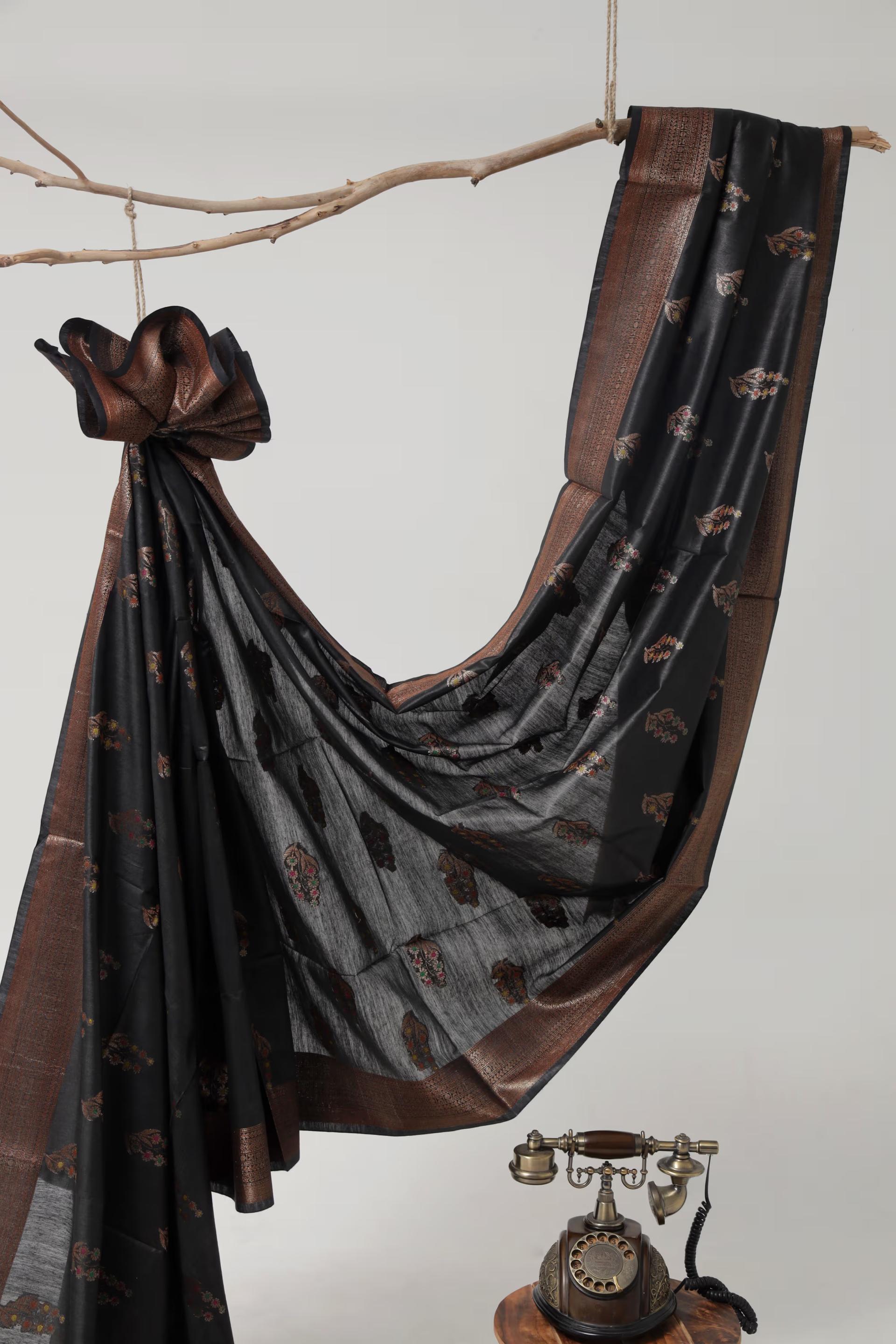 Handloom Tussar Banarasi in Black with Meenakari 5 - Black Tussar silk saree