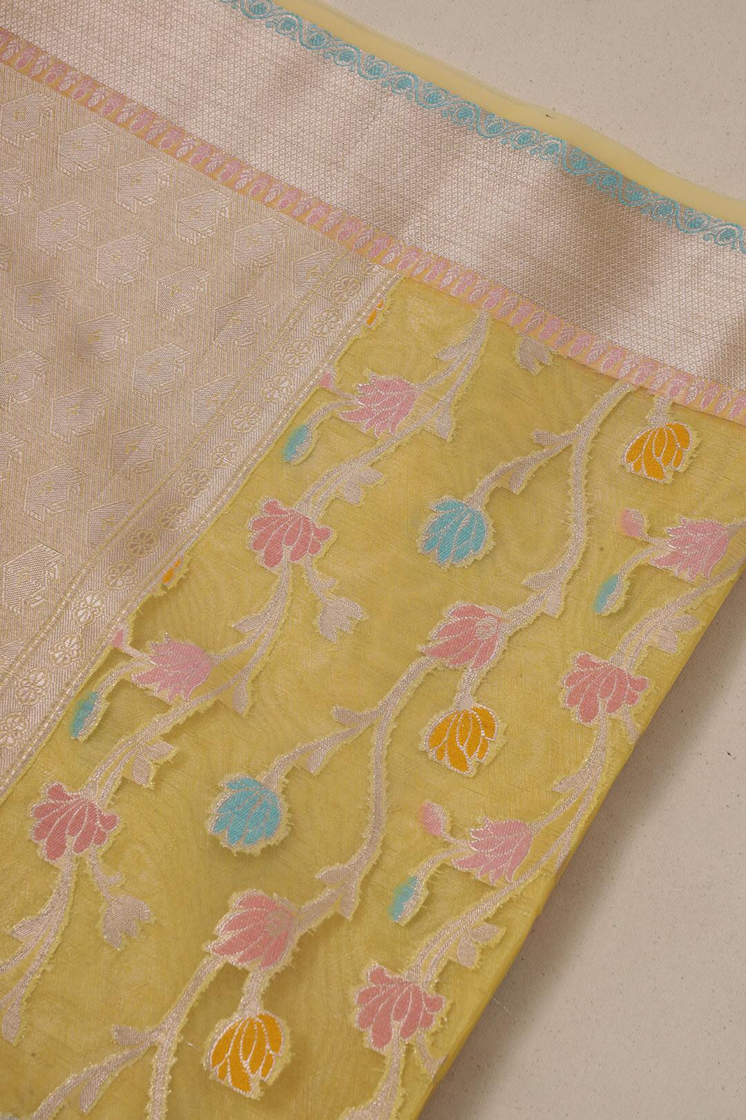 Semi Organza in Yellow with brocade border 5 - Yellow  Semi Organza saree