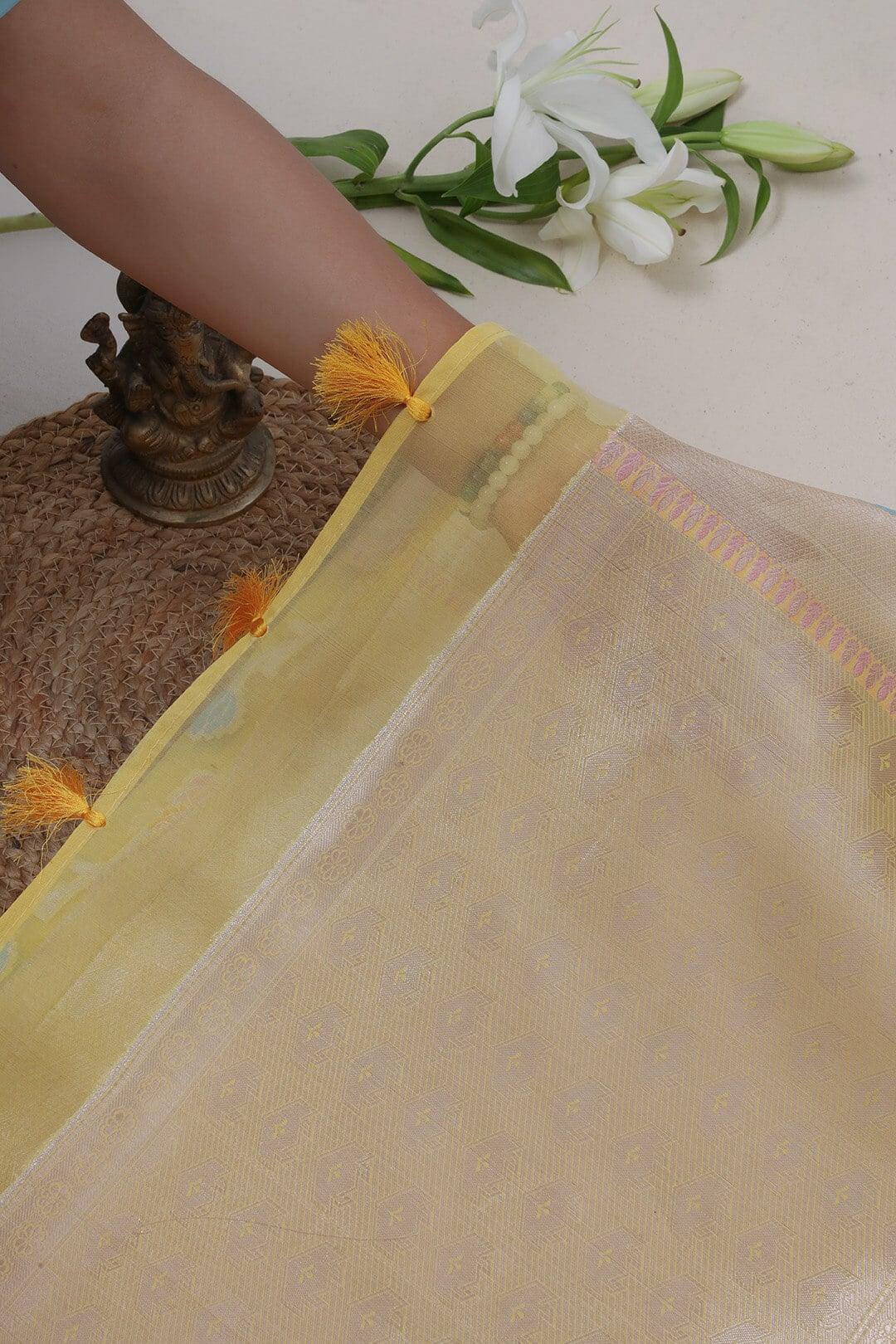 Semi Organza in Yellow with brocade border view 6 - Yellow  Semi Organza saree
