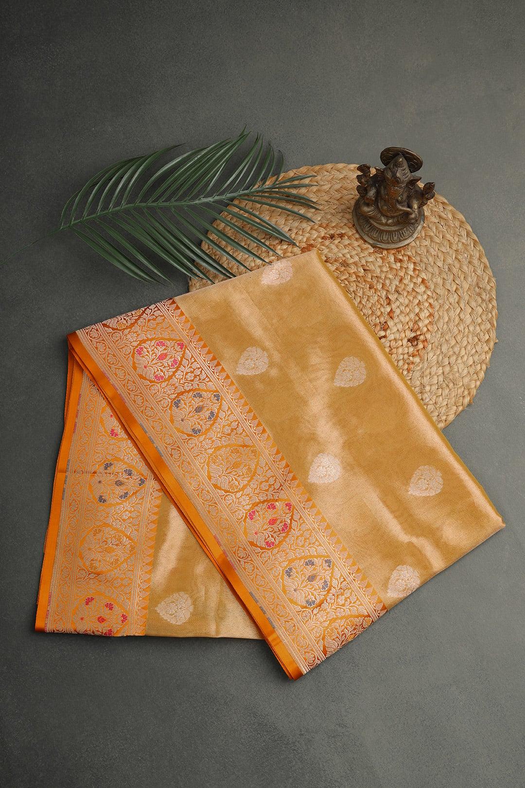Semi Kora tissue Saree in Mustard view 3 - Mustard Semi Kora Tissue  saree saree