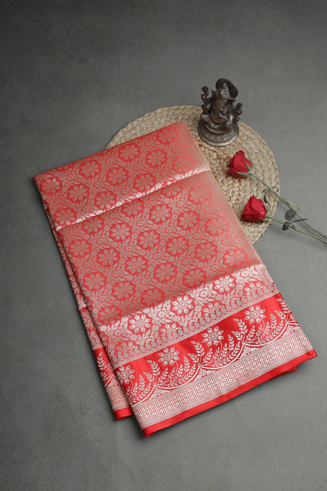 Semi Kora tissue Saree in off white and red pallu 3 - Off white with Red Pallu Semi Kora Tissue  saree