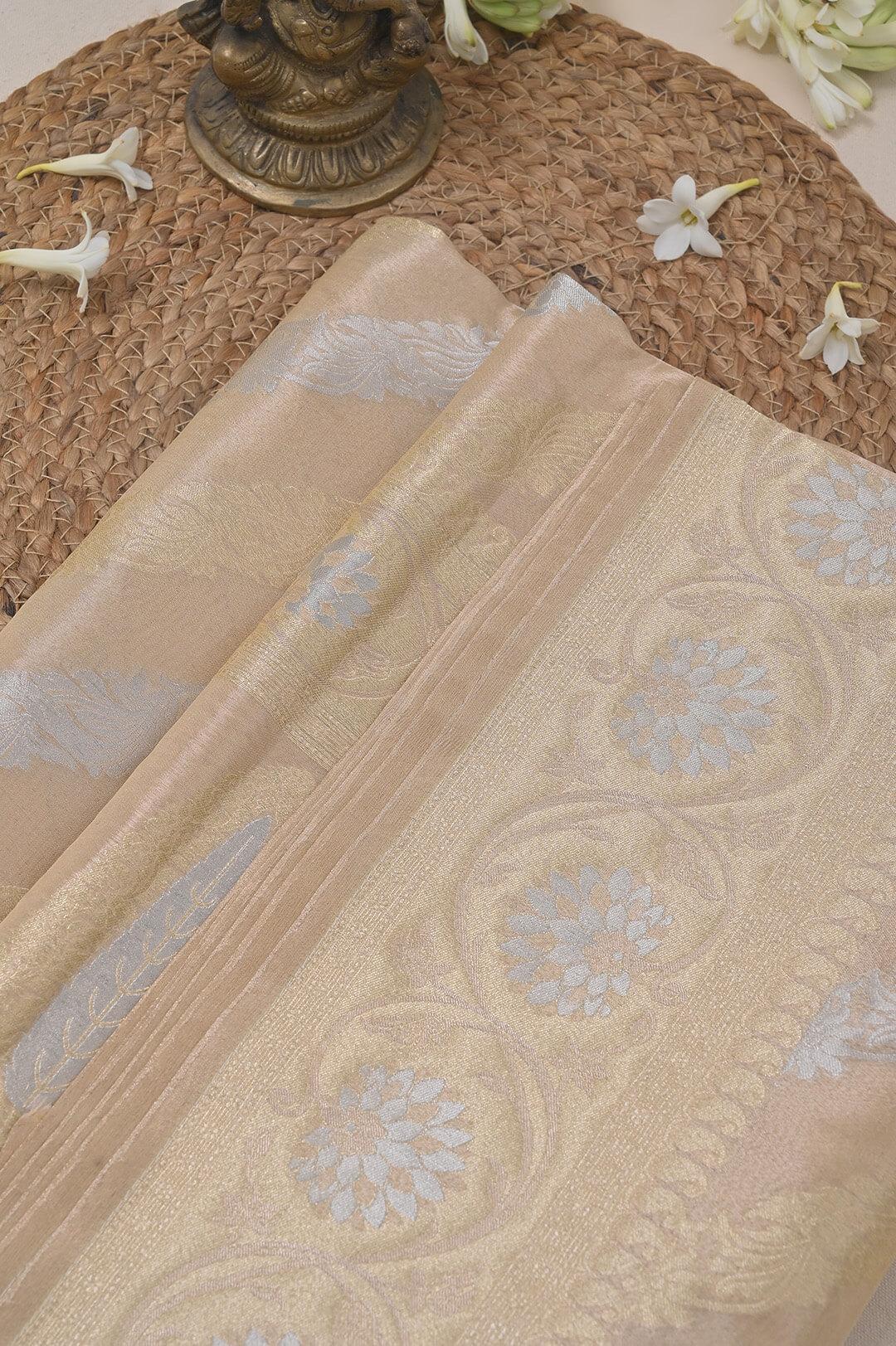 Semi Kora Tissue Silk saree in Beige and Gold silver zari 5 - Beige Semi Kora Tissue saree