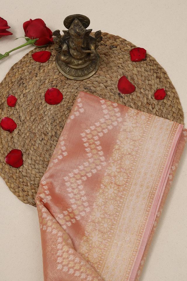 Semi Kora Tissue silk saree in Peach - Peach handcrafted saree