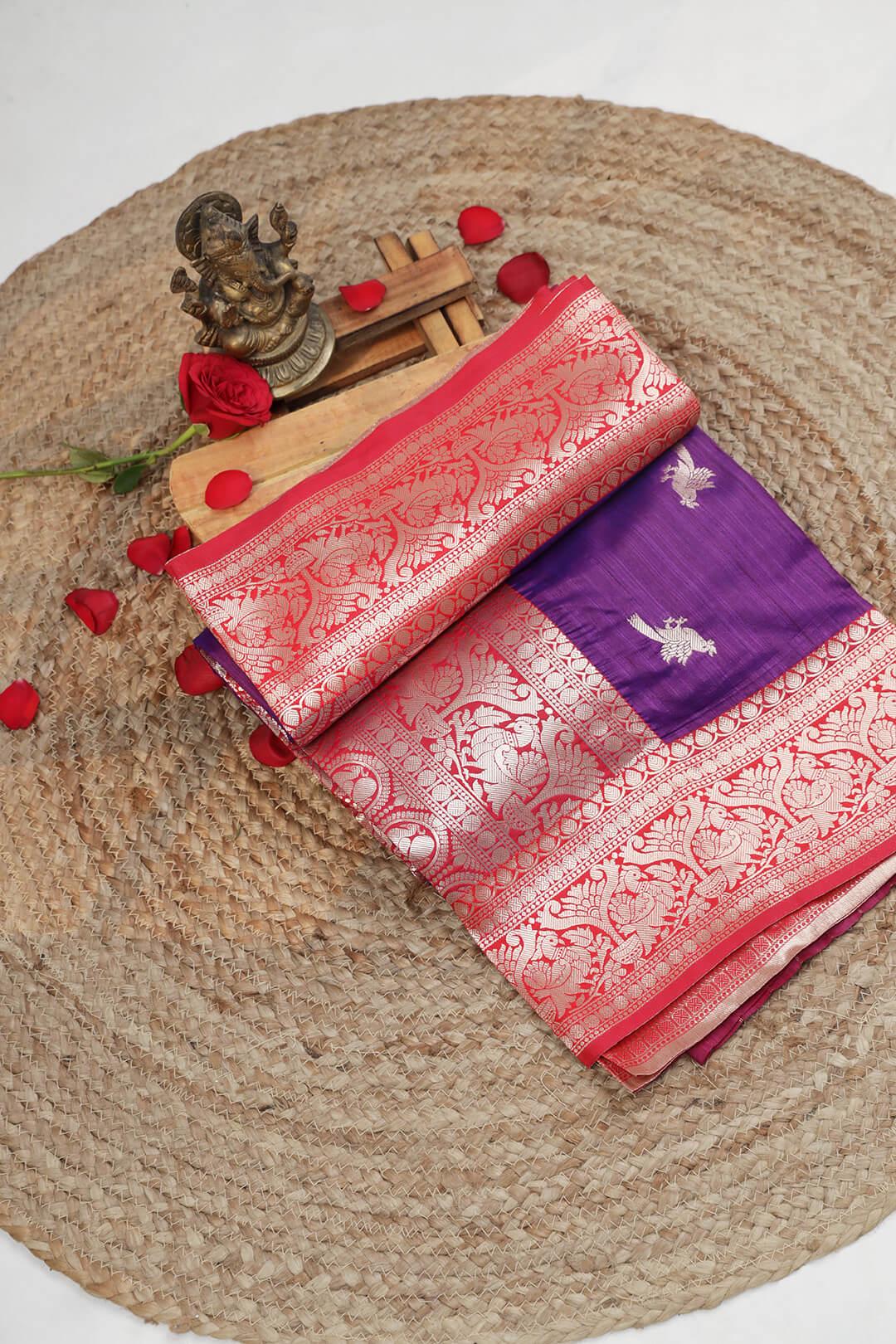 Semi Katan Silk in Deep Purple and Red 1 - Deep Purple and Red Semi Katan saree