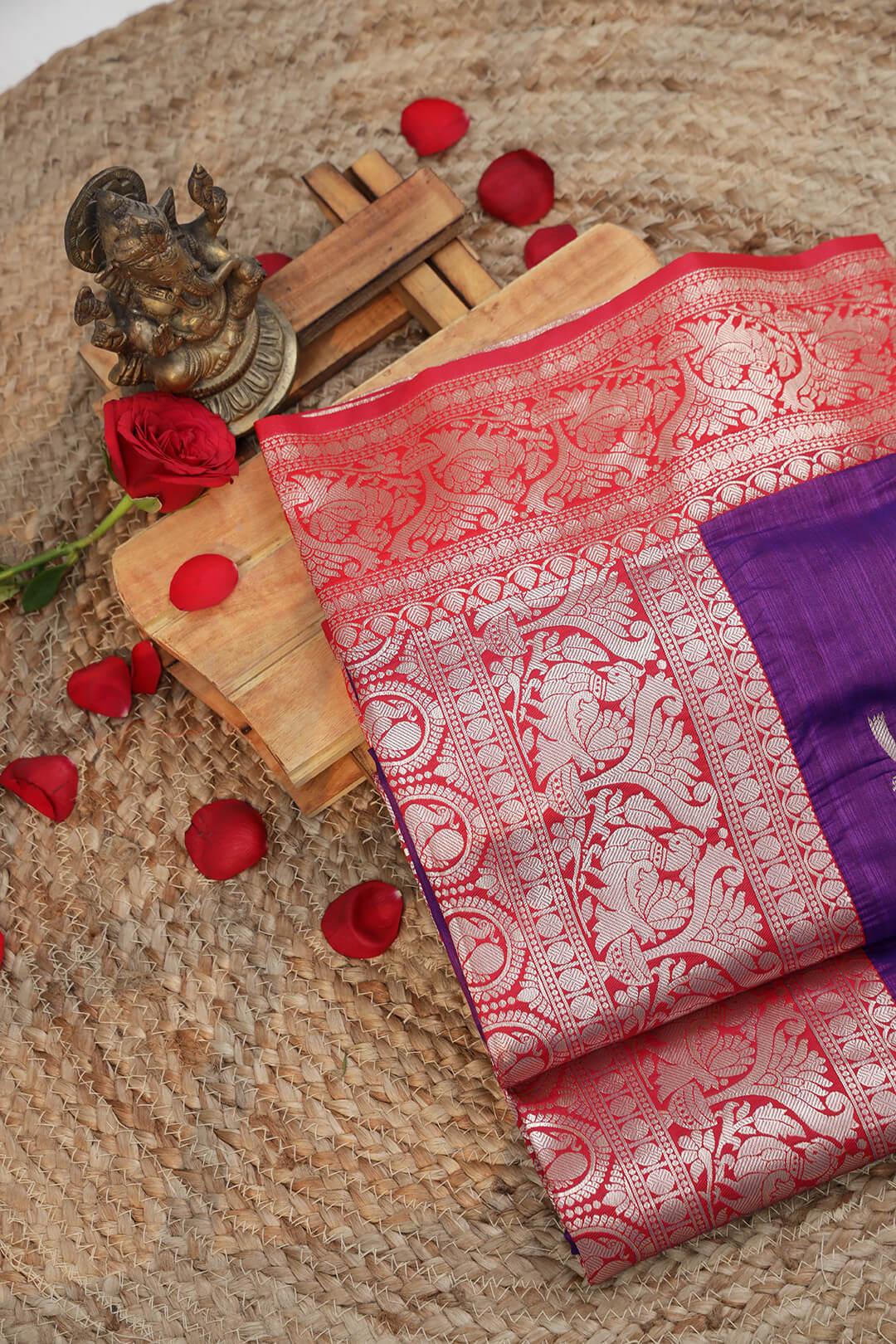 Semi Katan Silk in Deep Purple and Red view 3 - Deep Purple and Red Semi Katan saree