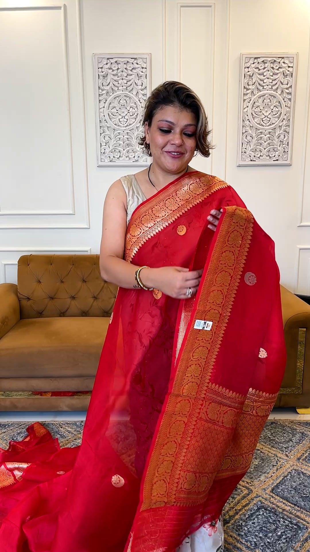 Handloom Kora banarasi saree in Red 1 - Red Kora saree
