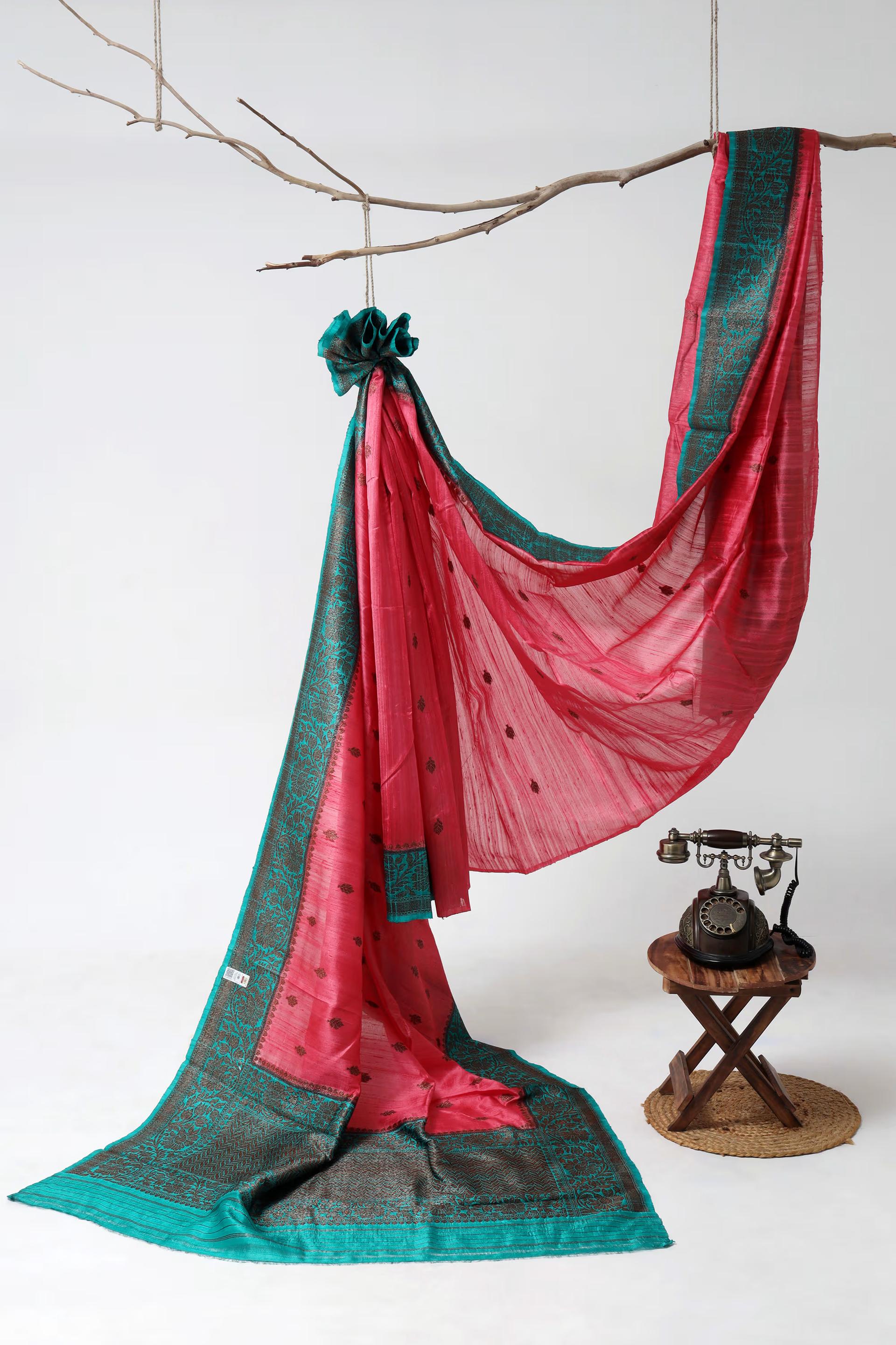 Handloom Tussar Banarasi in Pink and Turqoise Blue 2 - Pink and Turquoise blue Tussar silk saree