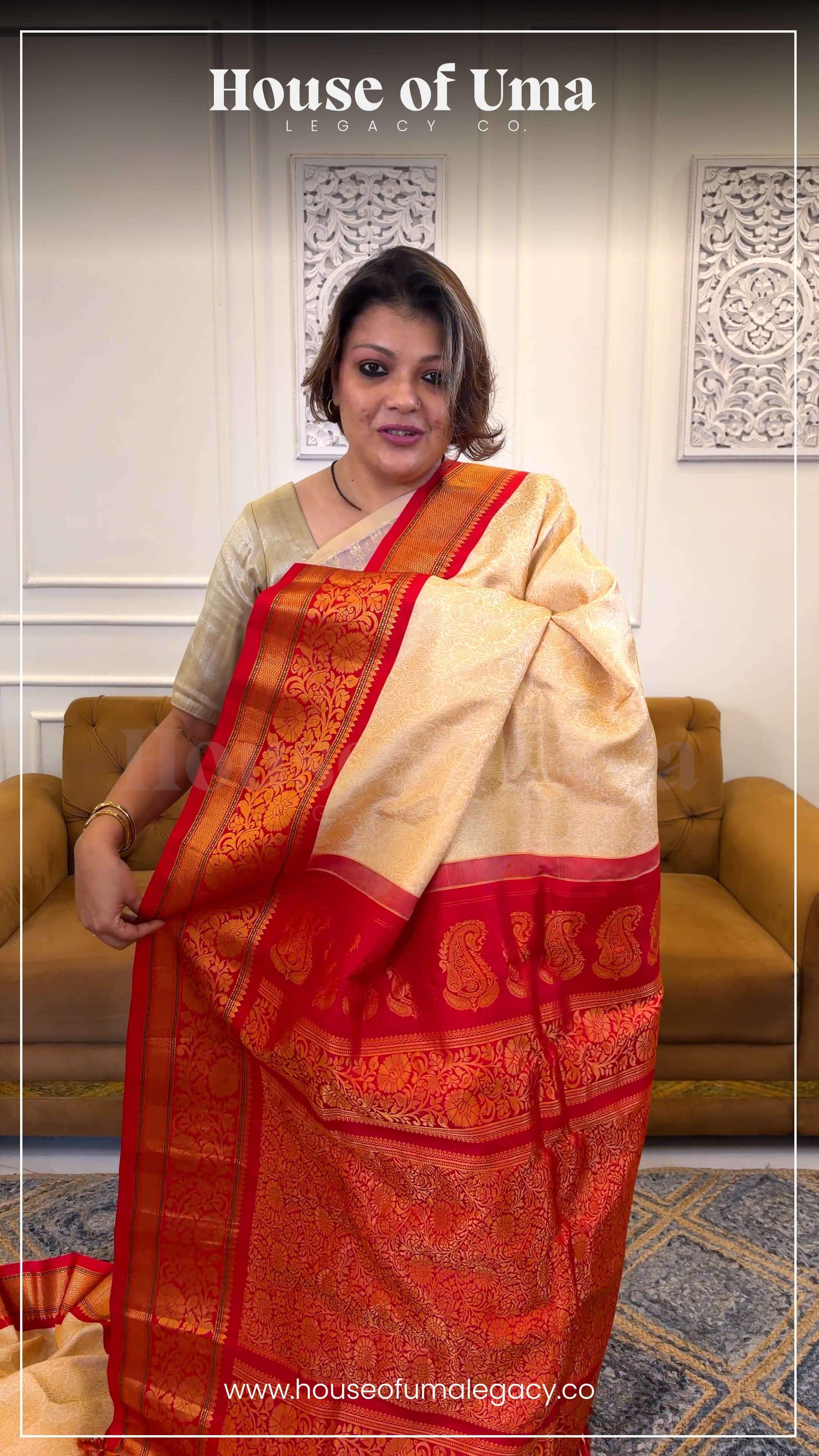 Handloom Pure Silk Gadwal in Gold Brocade on Cream and Red Zari Pallu - handcrafted saree from Handloom Pure Silk Gadwal collection