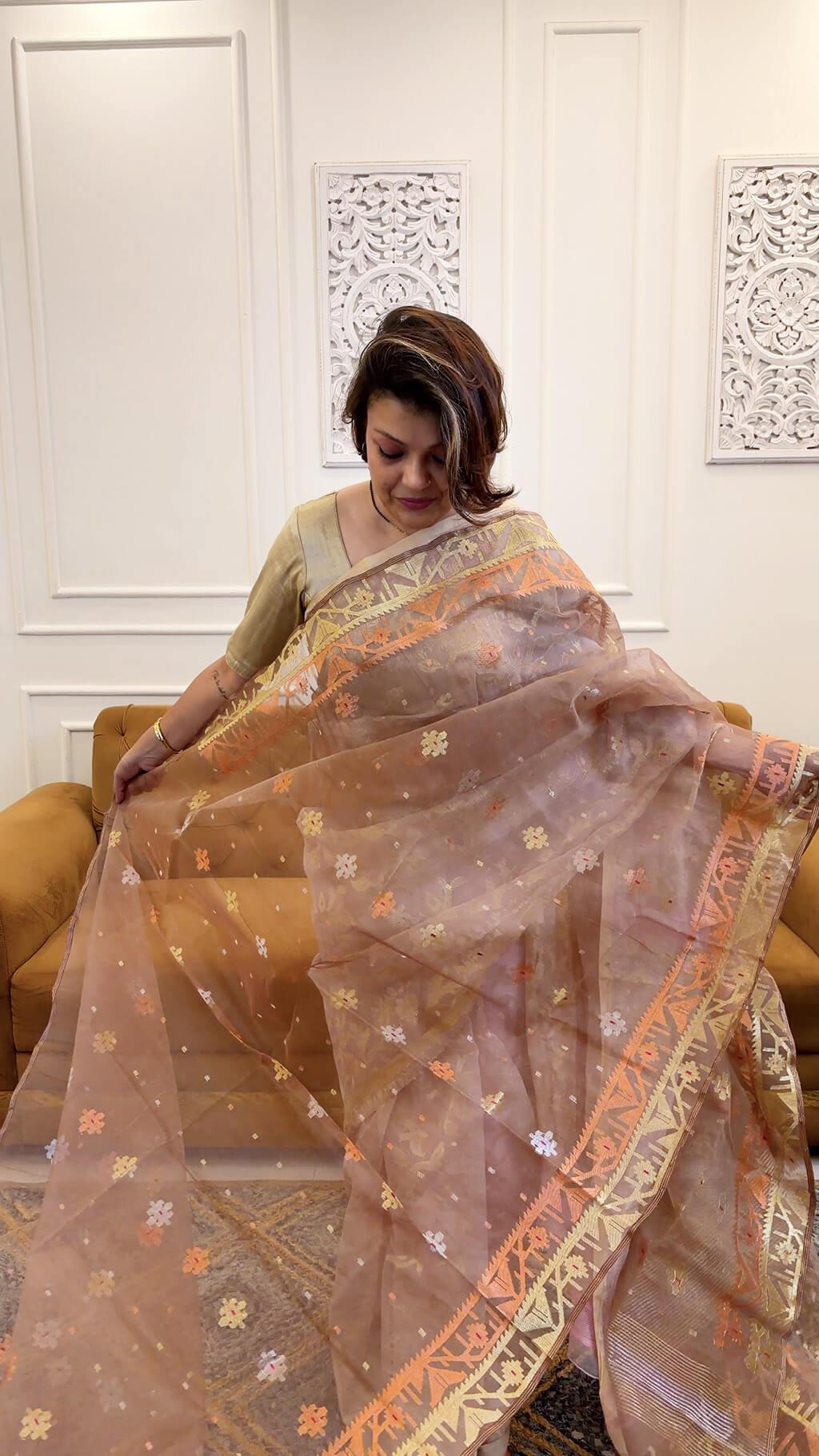 Handloom Dhakai Jamdani saree in Dusty Cocoa Brown 2 - Dusty Cocoa Brown Jamdani silk-cotton  saree