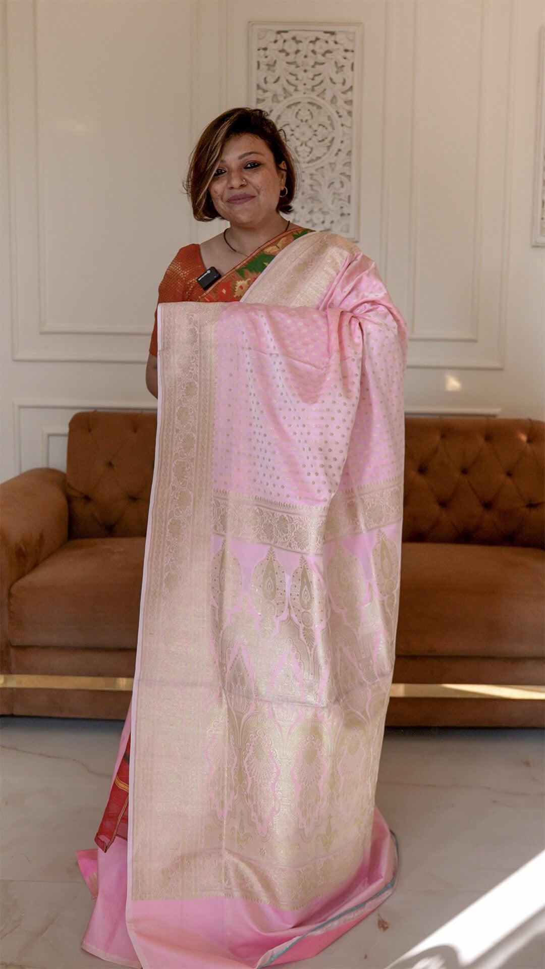 Handloom Pure Silk Katan Banarasi in Rose Pink view 1 - Rose Pink Silk saree