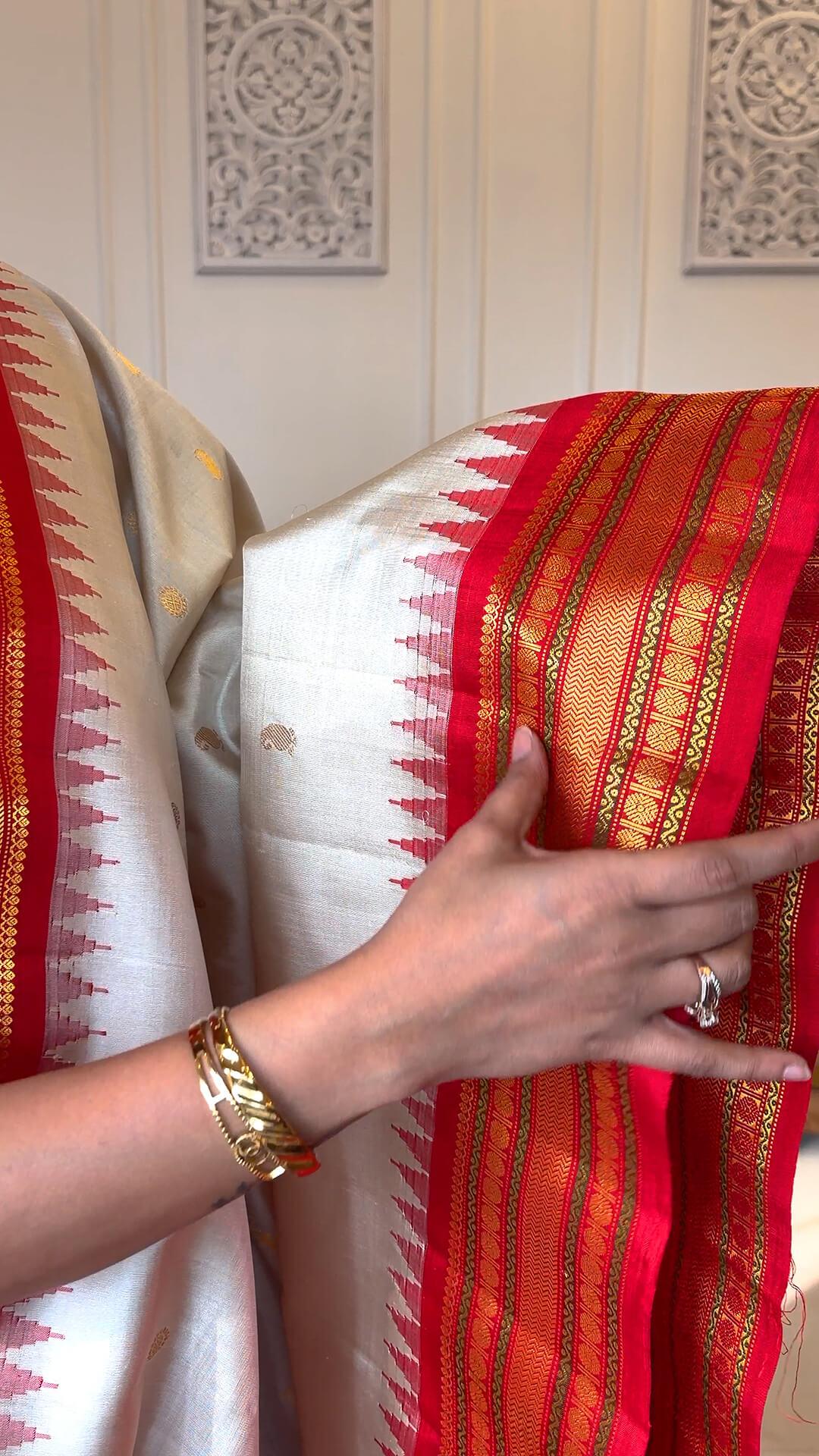 Handloom Pure Silk Gadwal in Ivory and Red view 2 - Ivory and Red Pure Silk Gadwal saree