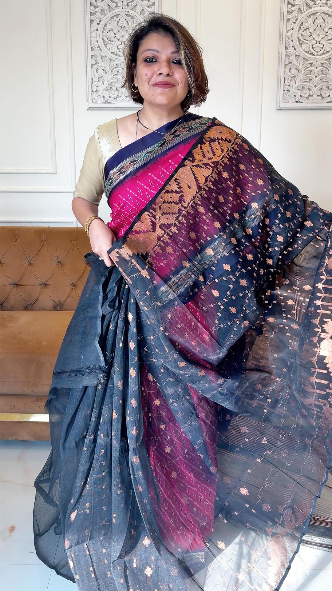 Handloom Dhakai Jamdani saree in Black and Copper Zari view 4 - Black and Copper Jamdani half silk saree