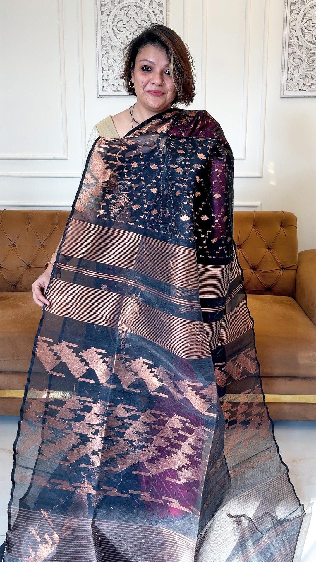 Handloom Dhakai Jamdani saree in Black and Copper Zari 3 - Black and Copper Jamdani half silk saree