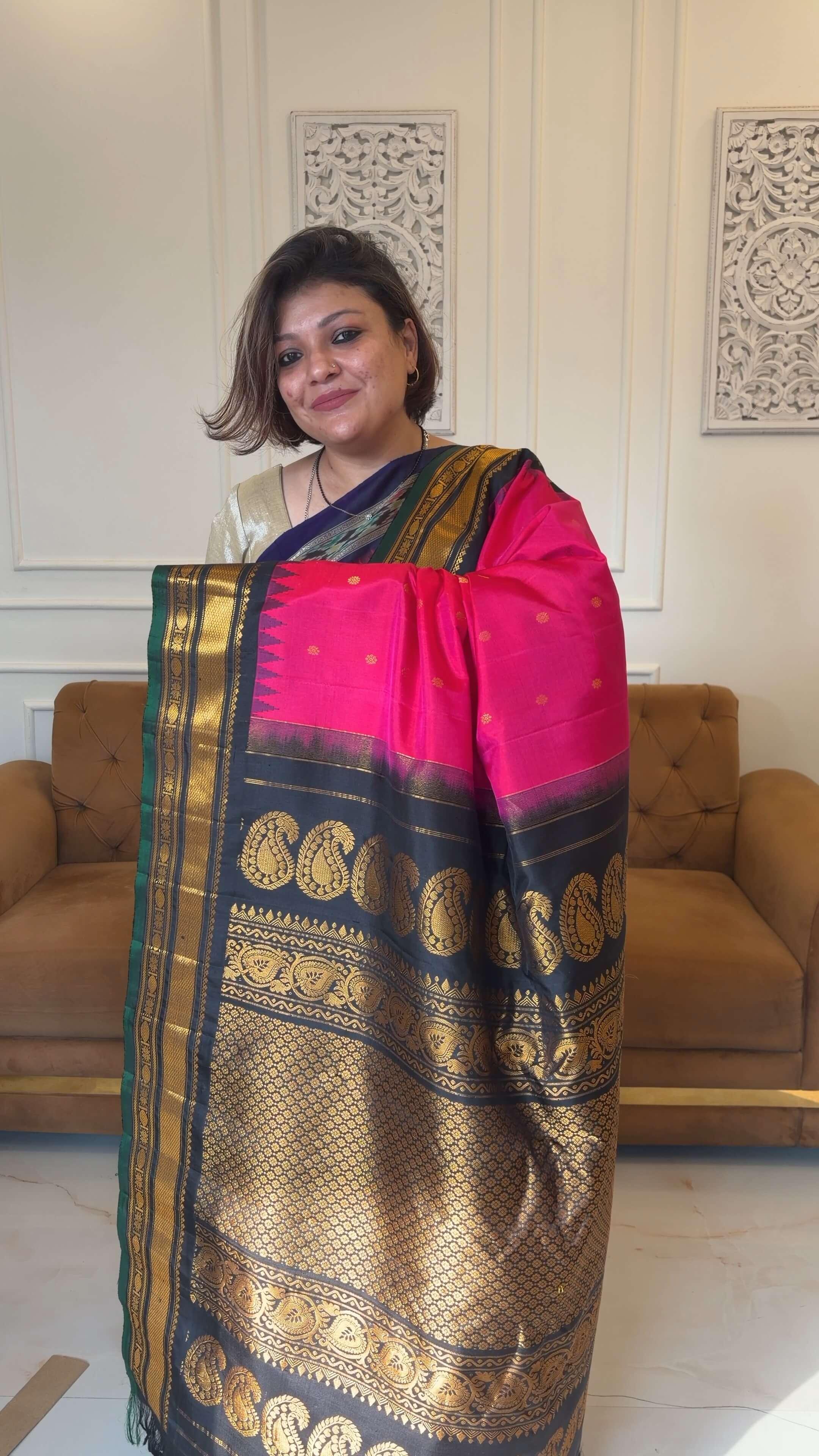 Handloom Pure Silk Gadwal in Rani Pink & Red (Dual Shade) - handcrafted saree from Handloom Pure Silk Gadwal collection